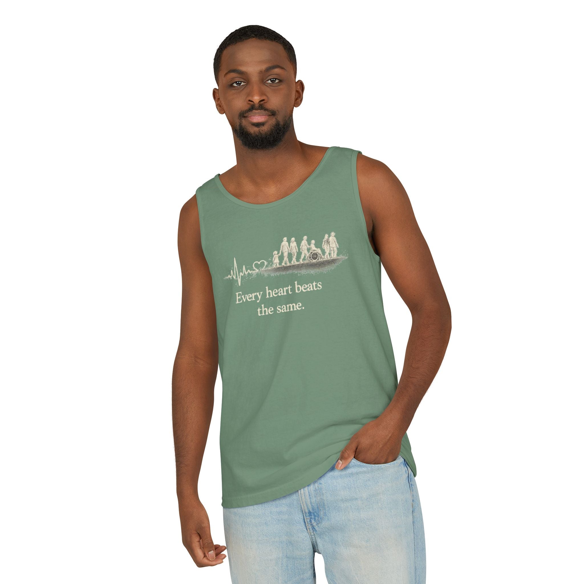 “Every Heart Beats the Same” Vintage Surf Tank Top – Garment-Dyed Coastal Unity Tank