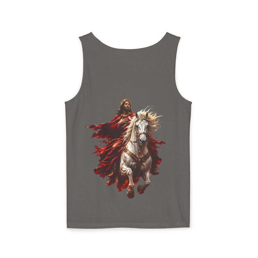 Christian tank top featuring Jesus riding a white horse with inspirational Second Coming artwork on a soft garment-dyed sleeveless shirt.