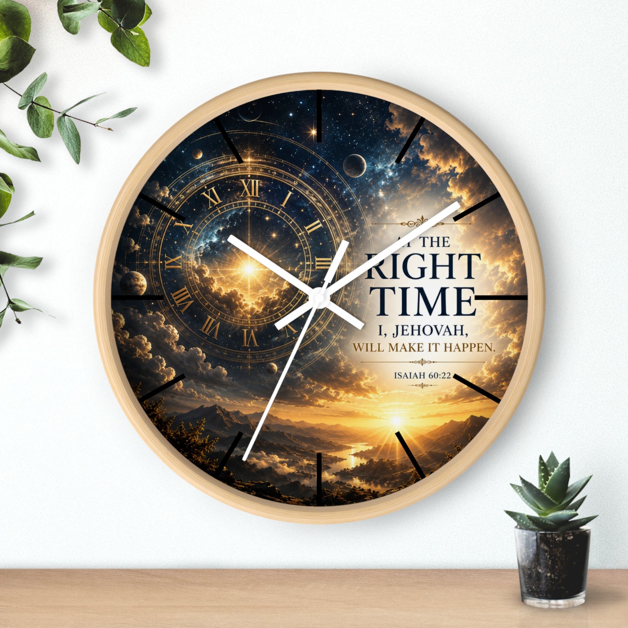 Bring peaceful encouragement into your home with this Isaiah 60:22 wall clock featuring celestial artwork, a golden sunrise, silent movement, and the comforting promise: “The Right Time, I Jehovah Will Make It Happen.”