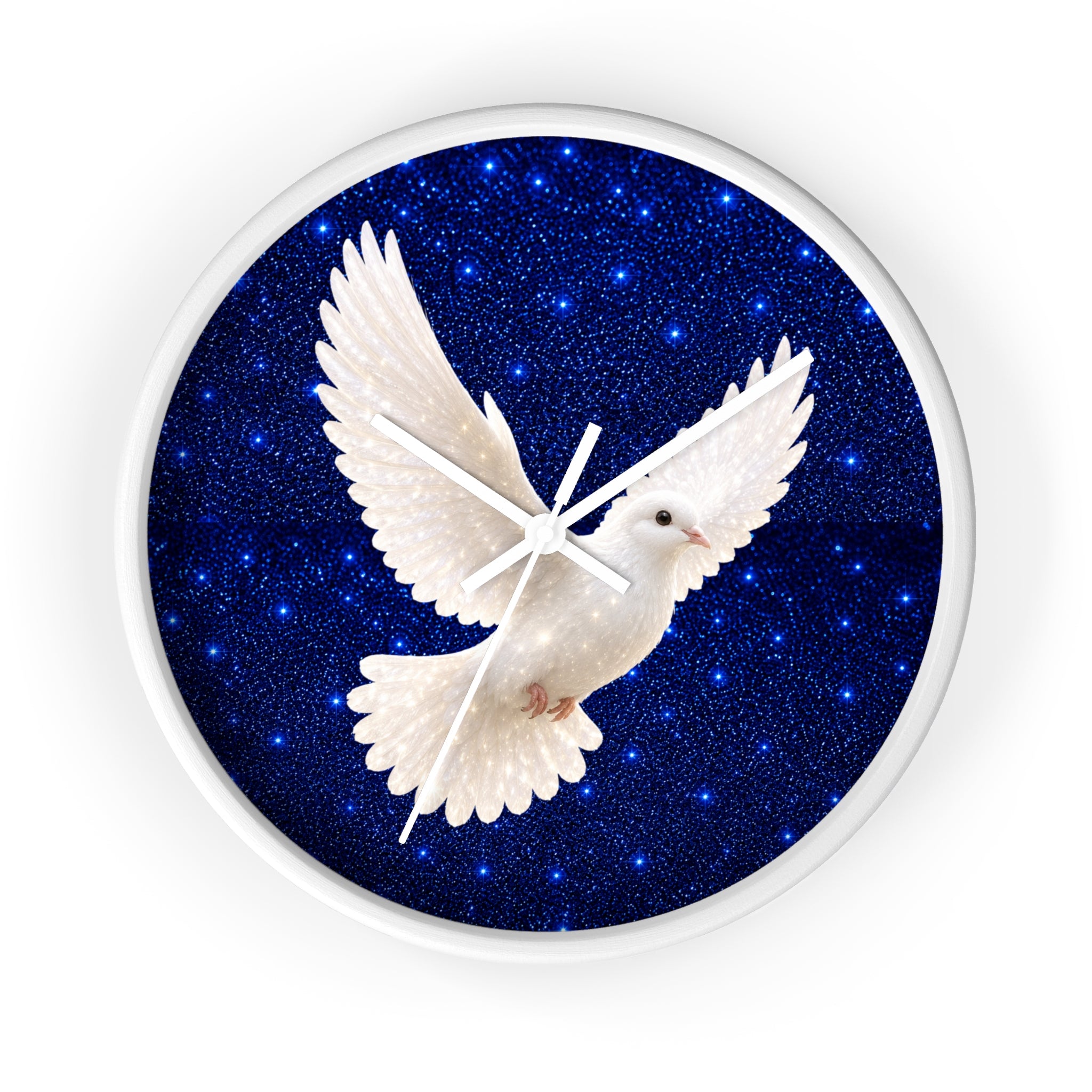 Round wall clock with a white frame and a deep blue starry night face, featuring a white dove in flight as the central design.