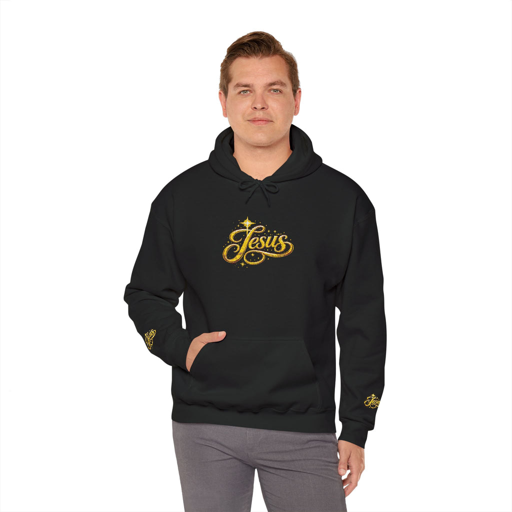 Jesus Gold Script Hoodie – Sparkle Christian Faith Pullover | Inspirational Hoodie