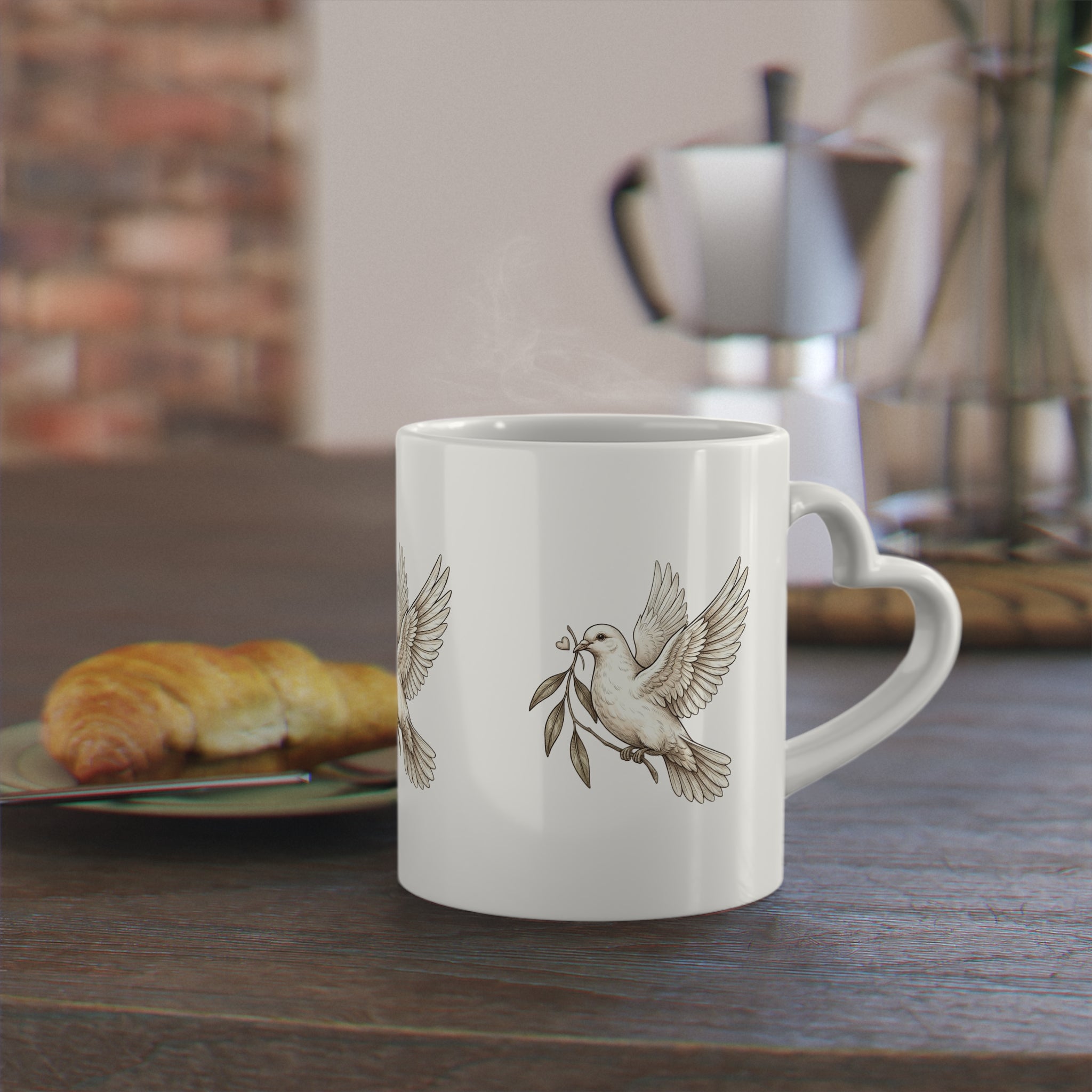 Peace Dove Heart-Shaped Mug — Olive Leaf Love Ceramic Coffee Cup