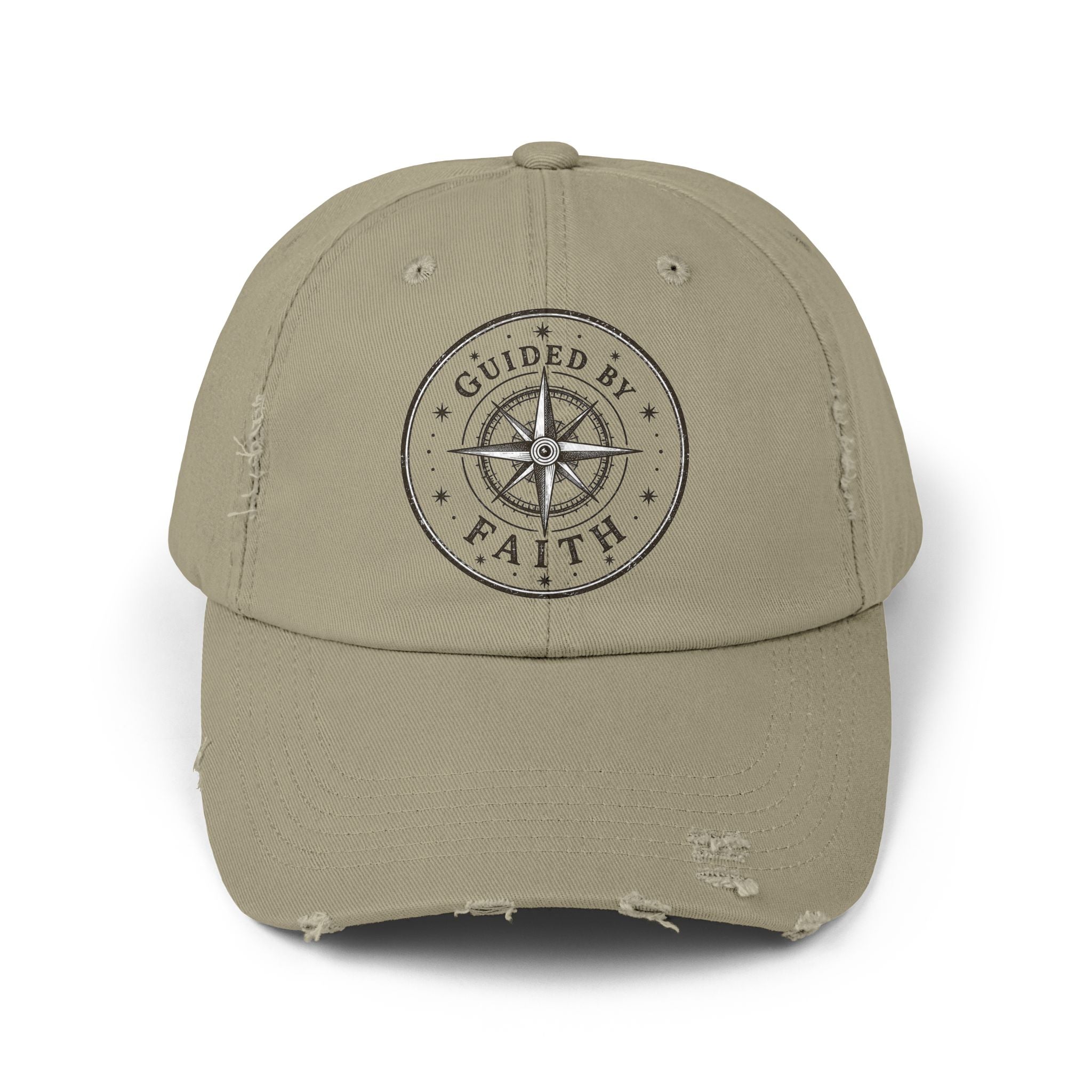 Vintage distressed Christian baseball cap featuring a compass emblem and the phrase “Guided by Faith” on a soft low-profile cotton twill hat.