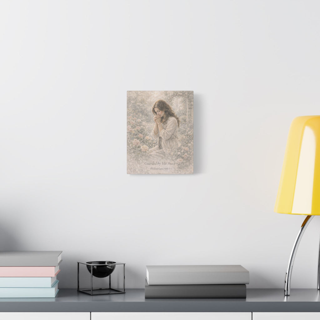 Guarded by His Peace Canvas Print – Prayer Girl Christian Wall Art | Faith Inspired Devotional Artwork