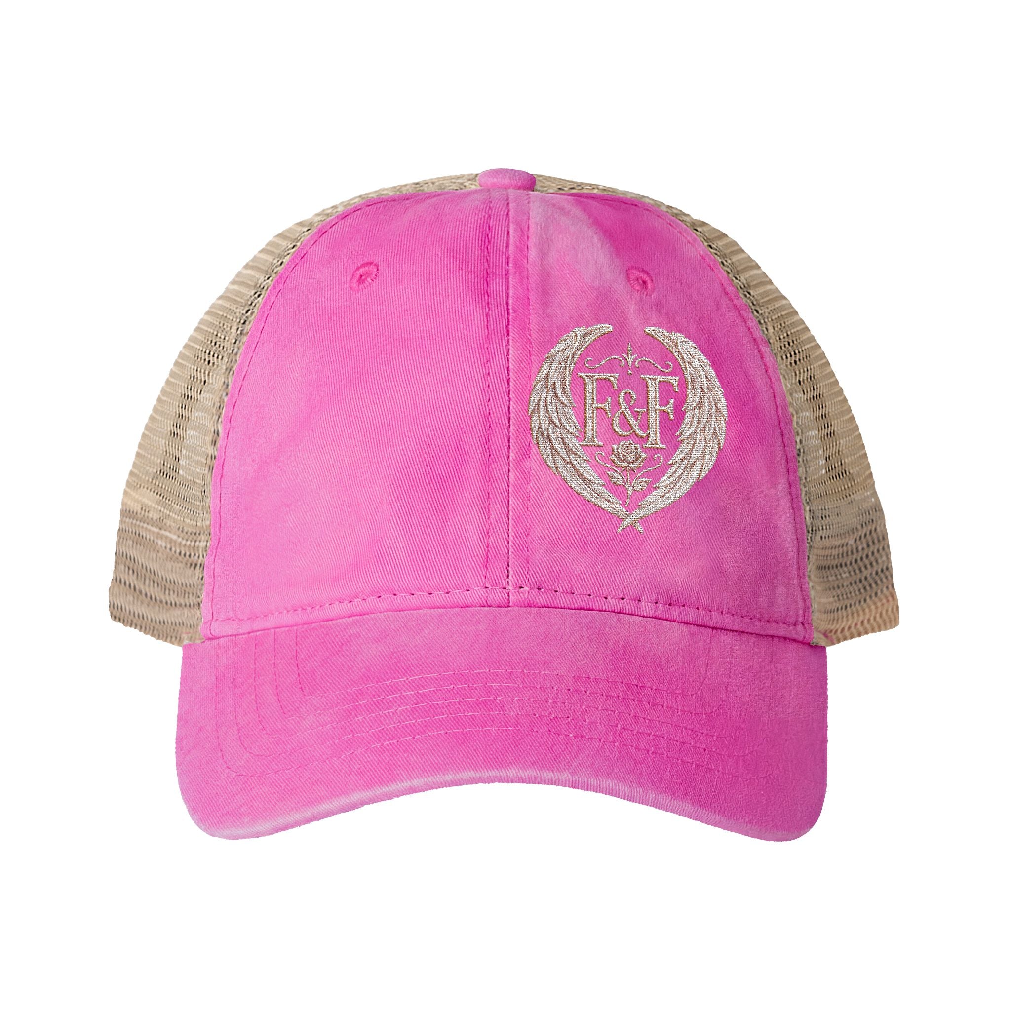 Women’s washed mesh-back cap featuring the Faith & Freedom logo with vintage styling, breathable mesh panels, and concealed ponytail opening.