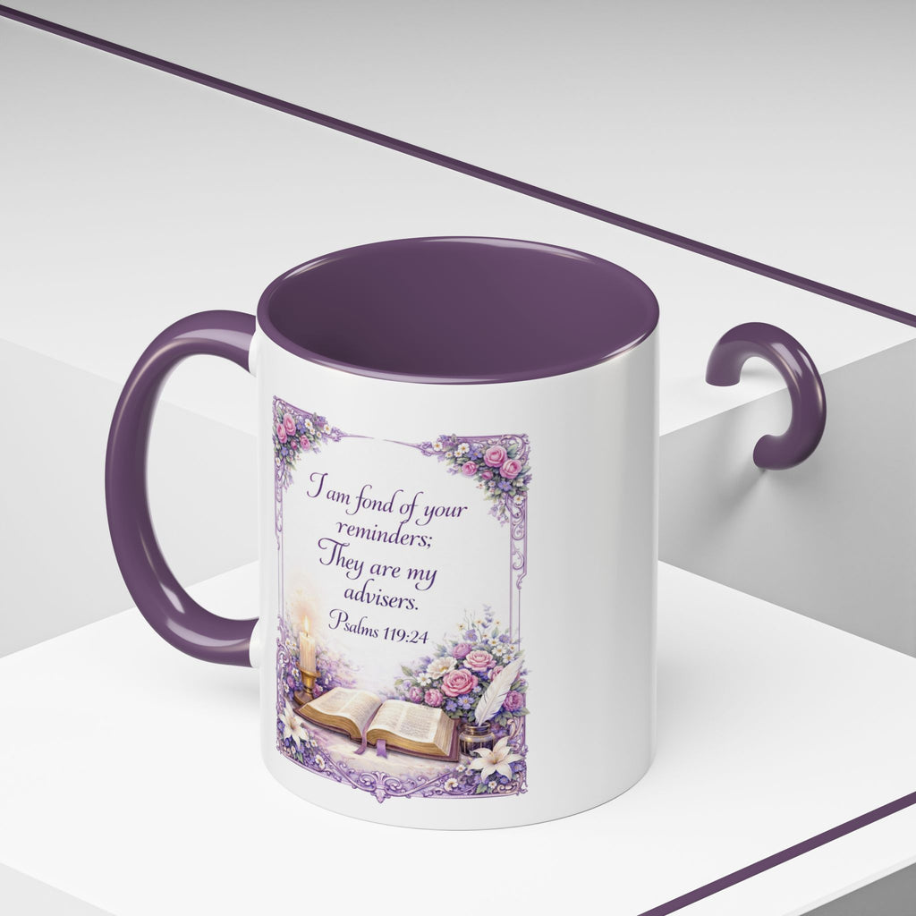 Inspirational Christian ceramic accent coffee mug featuring Psalm 119:24, delicate floral artwork, and the message “I am fond of your reminders” with colorful handle and interior accents.