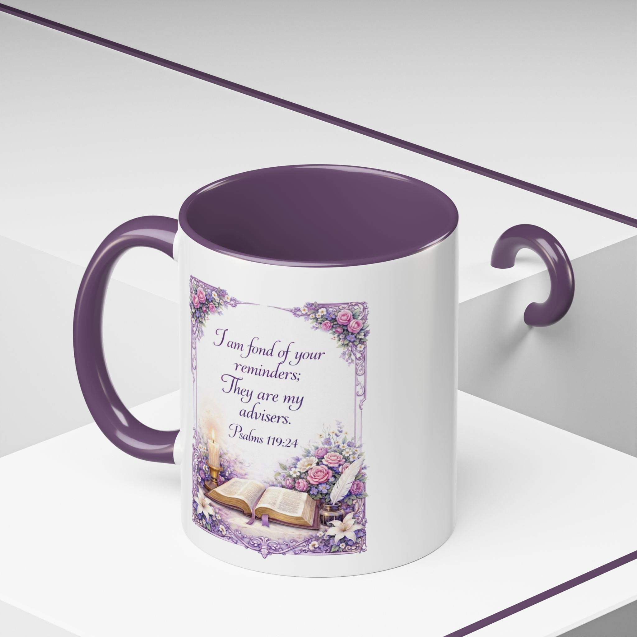 Inspirational Christian ceramic accent coffee mug featuring Psalm 119:24, delicate floral artwork, and the message “I am fond of your reminders” with colorful handle and interior accents.