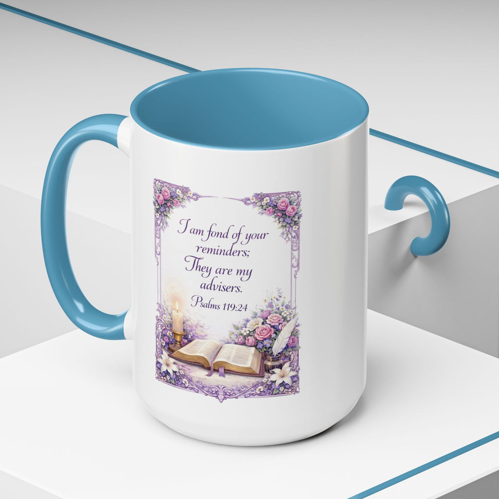 Inspirational Christian ceramic accent coffee mug featuring Psalm 119:24, delicate floral artwork, and the message “I am fond of your reminders” with colorful handle and interior accents.