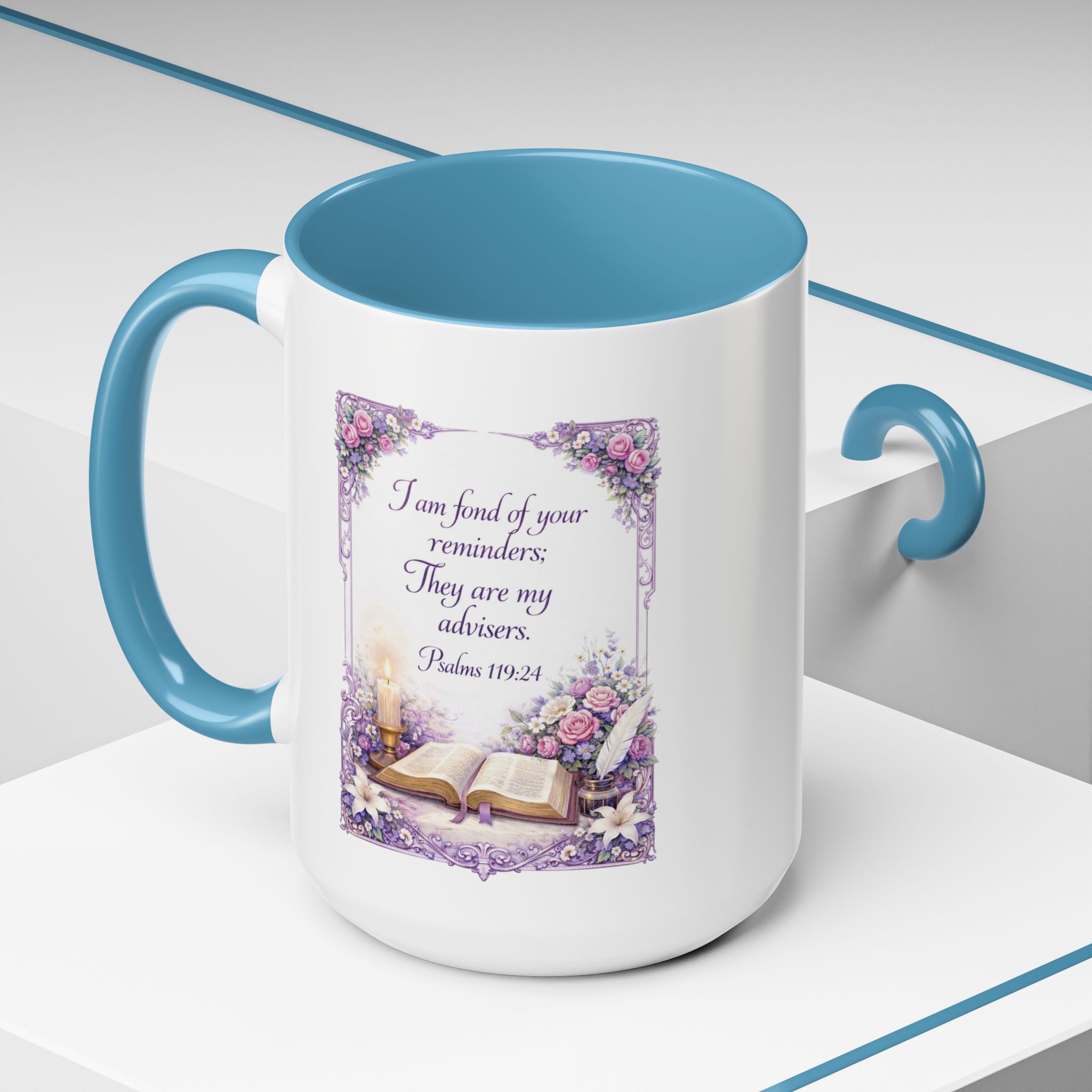 Inspirational Christian ceramic accent coffee mug featuring Psalm 119:24, delicate floral artwork, and the message “I am fond of your reminders” with colorful handle and interior accents.