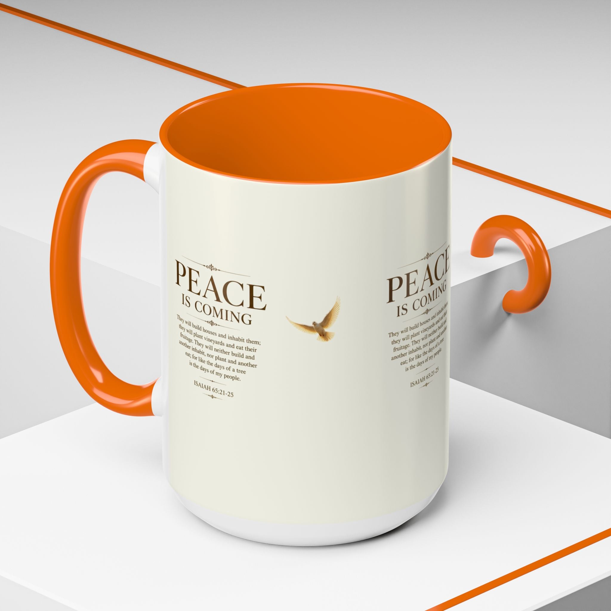 Peace Is Coming Accent Coffee Mug | Isaiah 65:21-25 Christian Mug | Inspirational Faith Gift