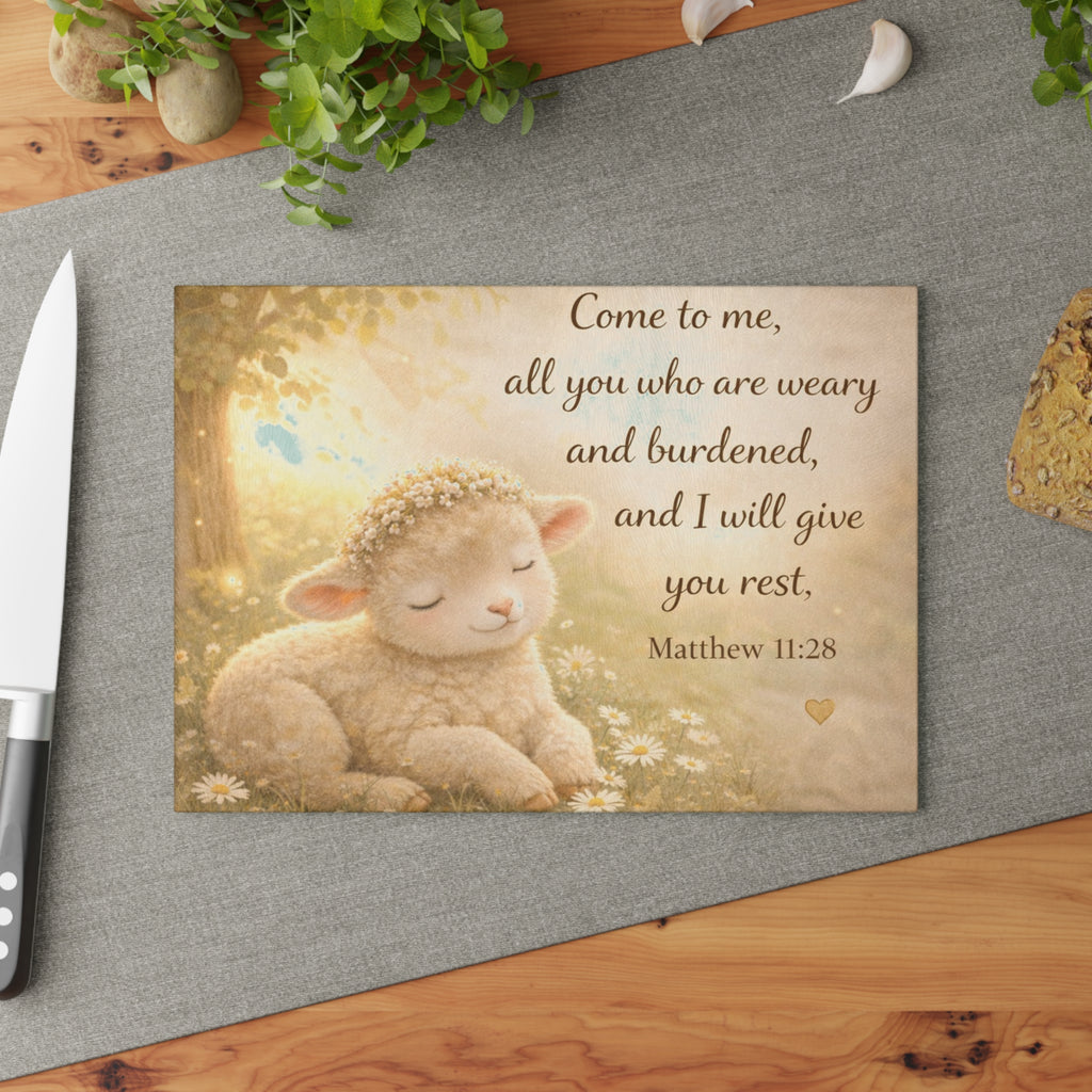 Matthew 11:28 Lamb Glass Cutting Board – Christian Faith Kitchen Decor | Inspirational Scripture Kitchen Board