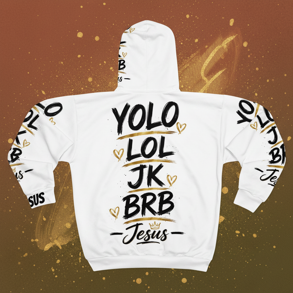 YOLO LOL JK BRB ~Jesus Personalize Zip Hoodie | Black & Gold Christian Graphic Hoodie