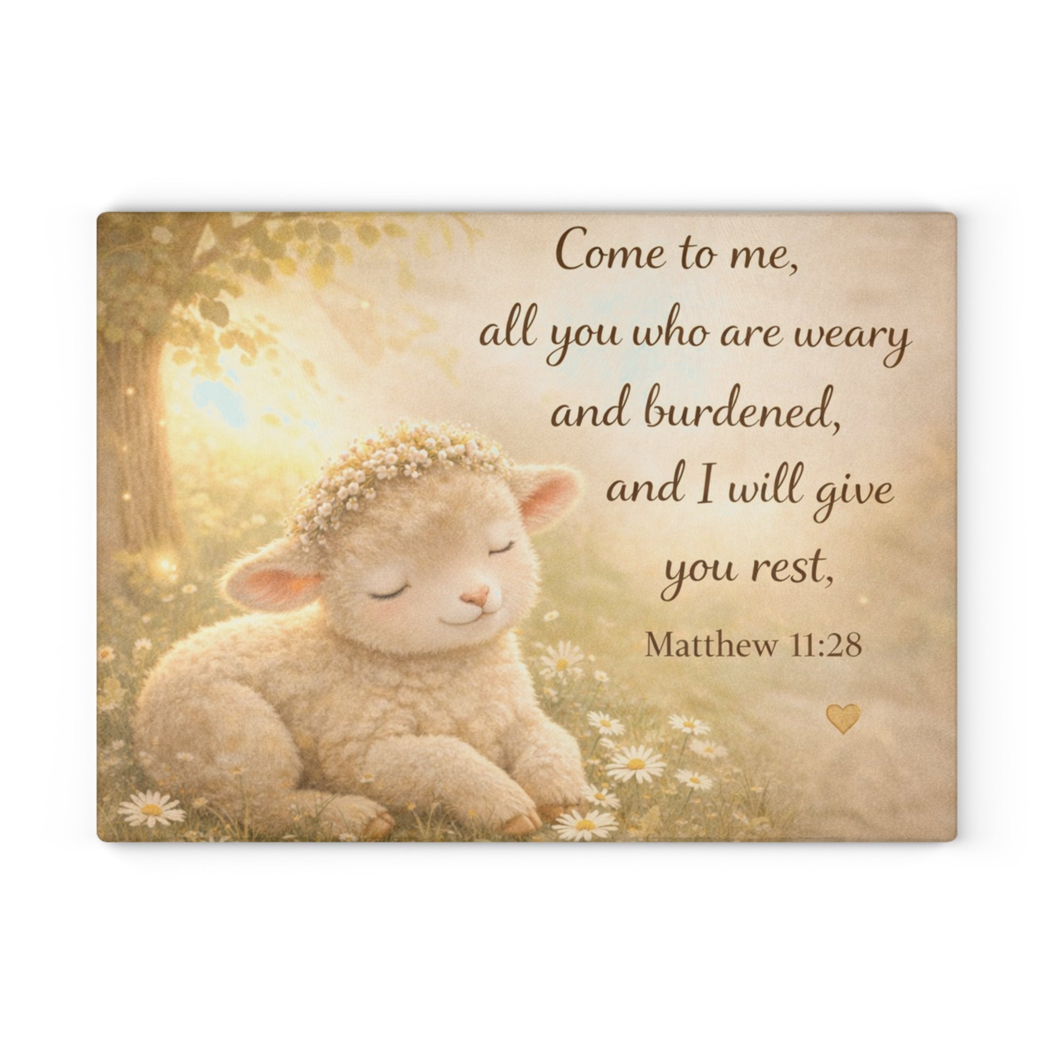 Matthew 11:28 Lamb Glass Cutting Board – Christian Faith Kitchen Decor | Inspirational Scripture Kitchen Board