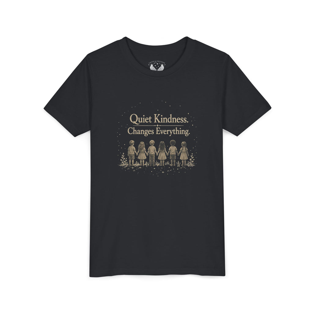 Youth “Quiet Kindness Changes Everything” Tee – Kids Inspirational T-Shirt with Earth & Friends Graphic