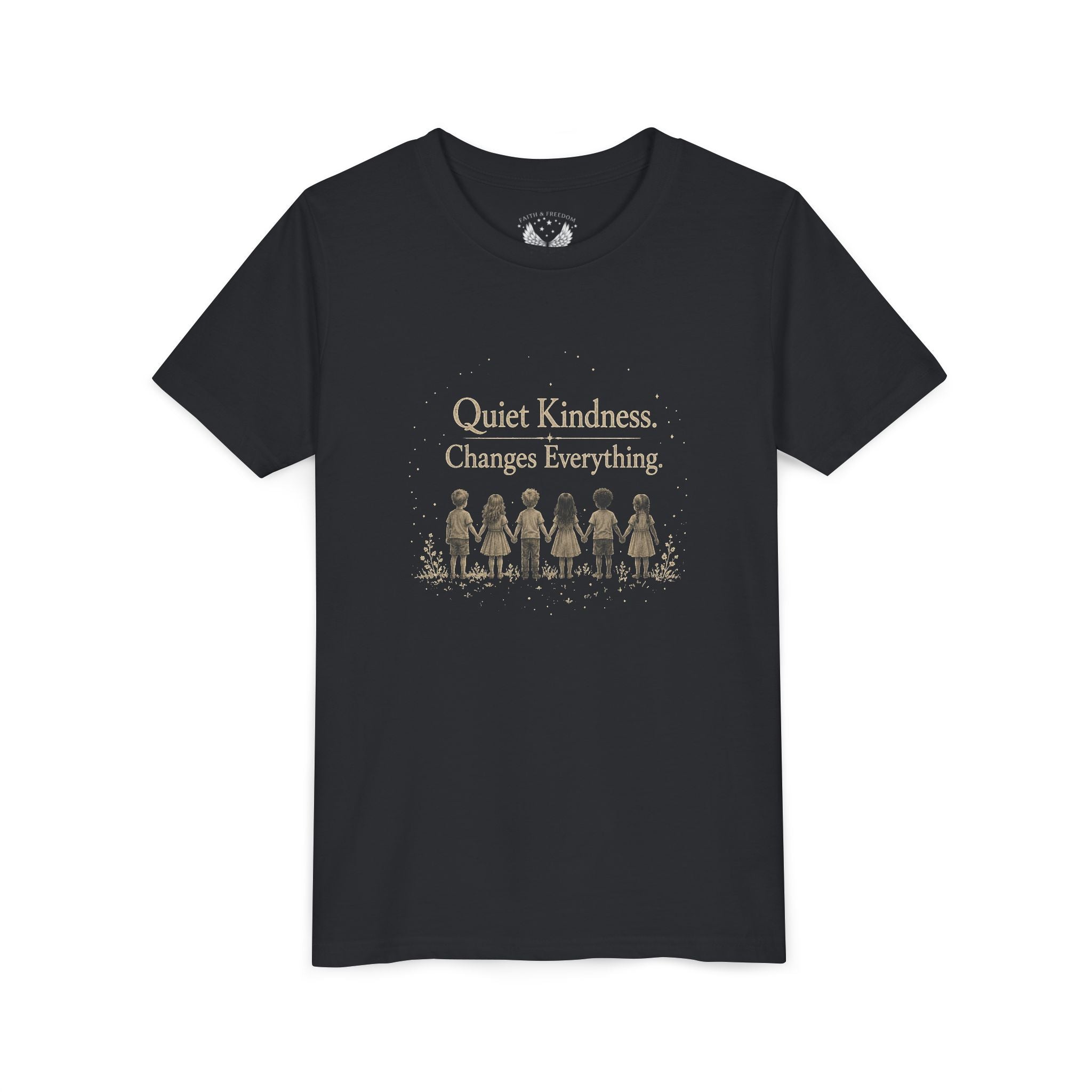 Youth “Quiet Kindness Changes Everything” Tee – Kids Inspirational T-Shirt with Earth & Friends Graphic