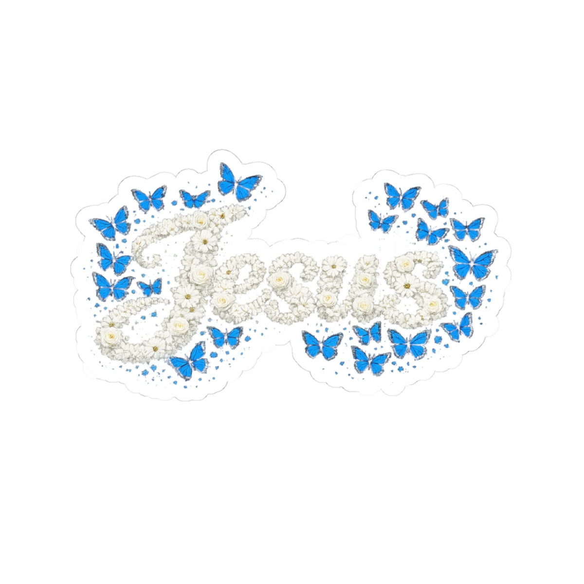 Jesus Floral Script Sticker – Blue Butterfly Christian Decal | Faith Laptop & Journal Sticker