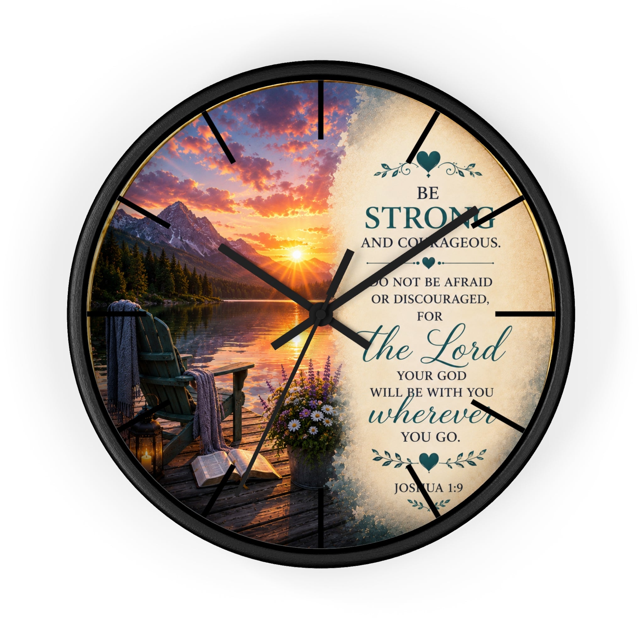 Inspirational Christian wall clock featuring a peaceful lakeside sunrise, mountain scenery, and Joshua 1:9 scripture encouraging strength and courage.