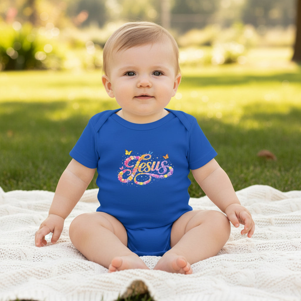 Infant Jesus Floral Script Bodysuit – Christian Baby Onesie | Faith Baby Outfit