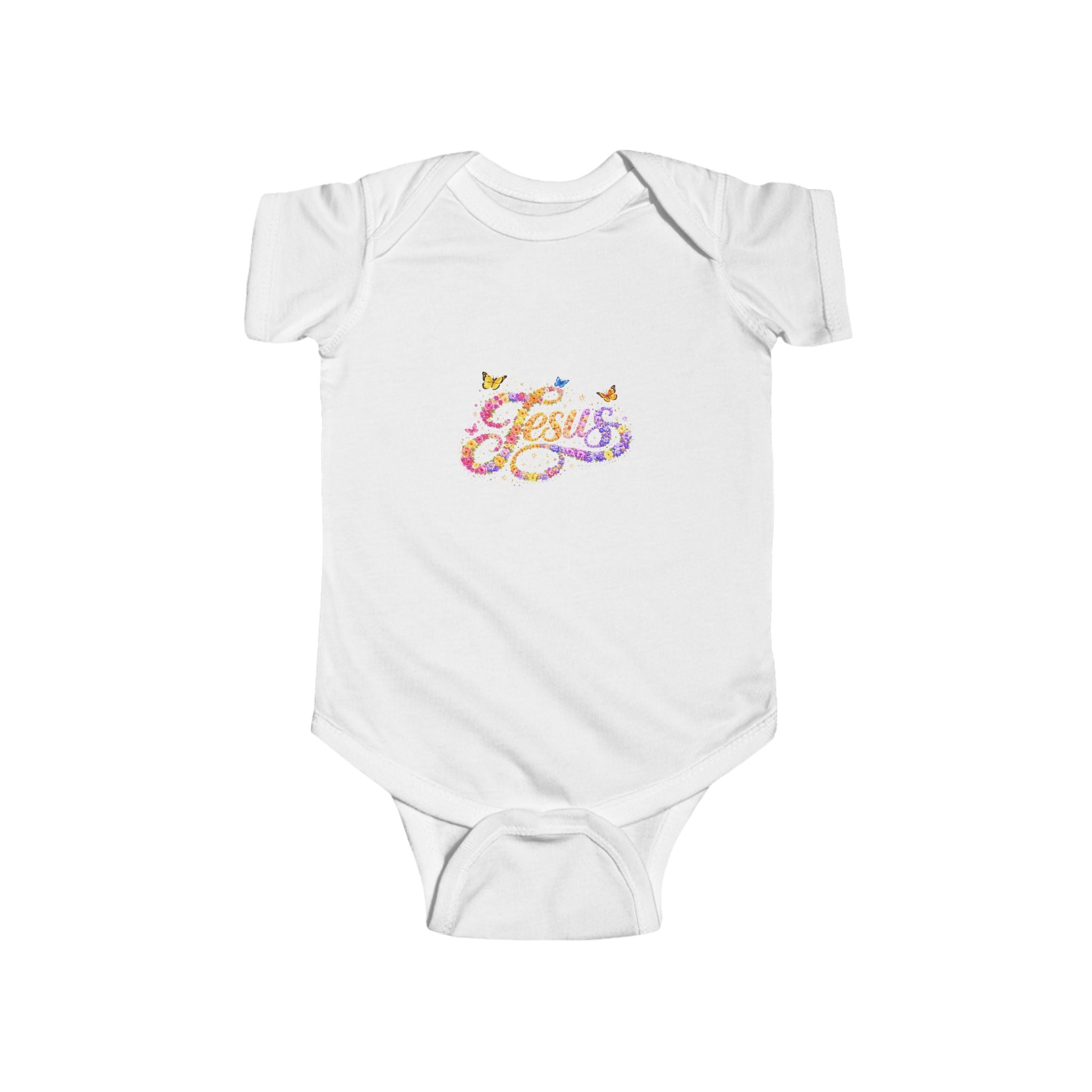 Infant Jesus Floral Script Bodysuit – Christian Baby Onesie | Faith Baby Outfit