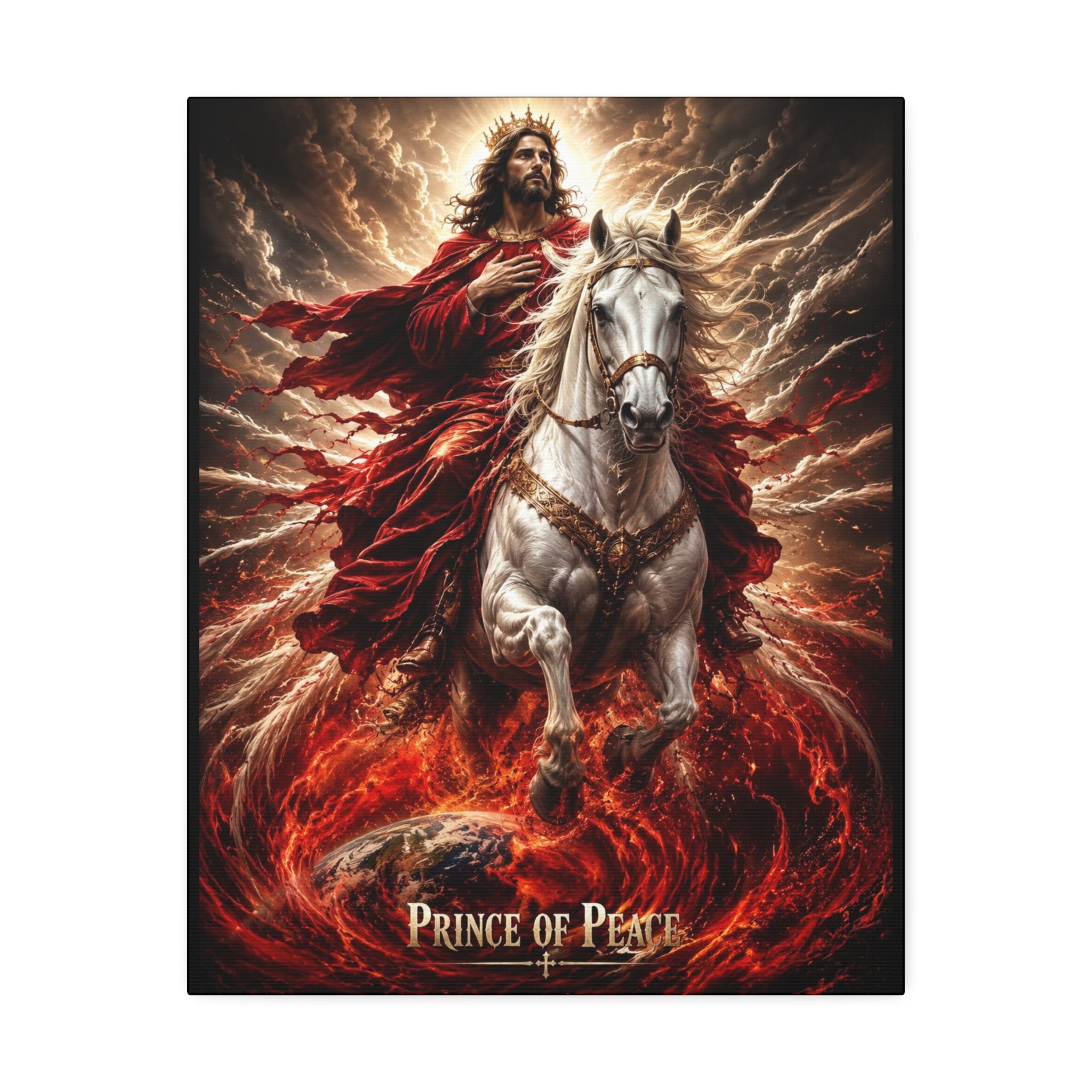 Christian canvas wall art featuring Jesus riding a white horse with peaceful radiant lighting and inspirational Prince of Peace imagery in gallery-style decor.