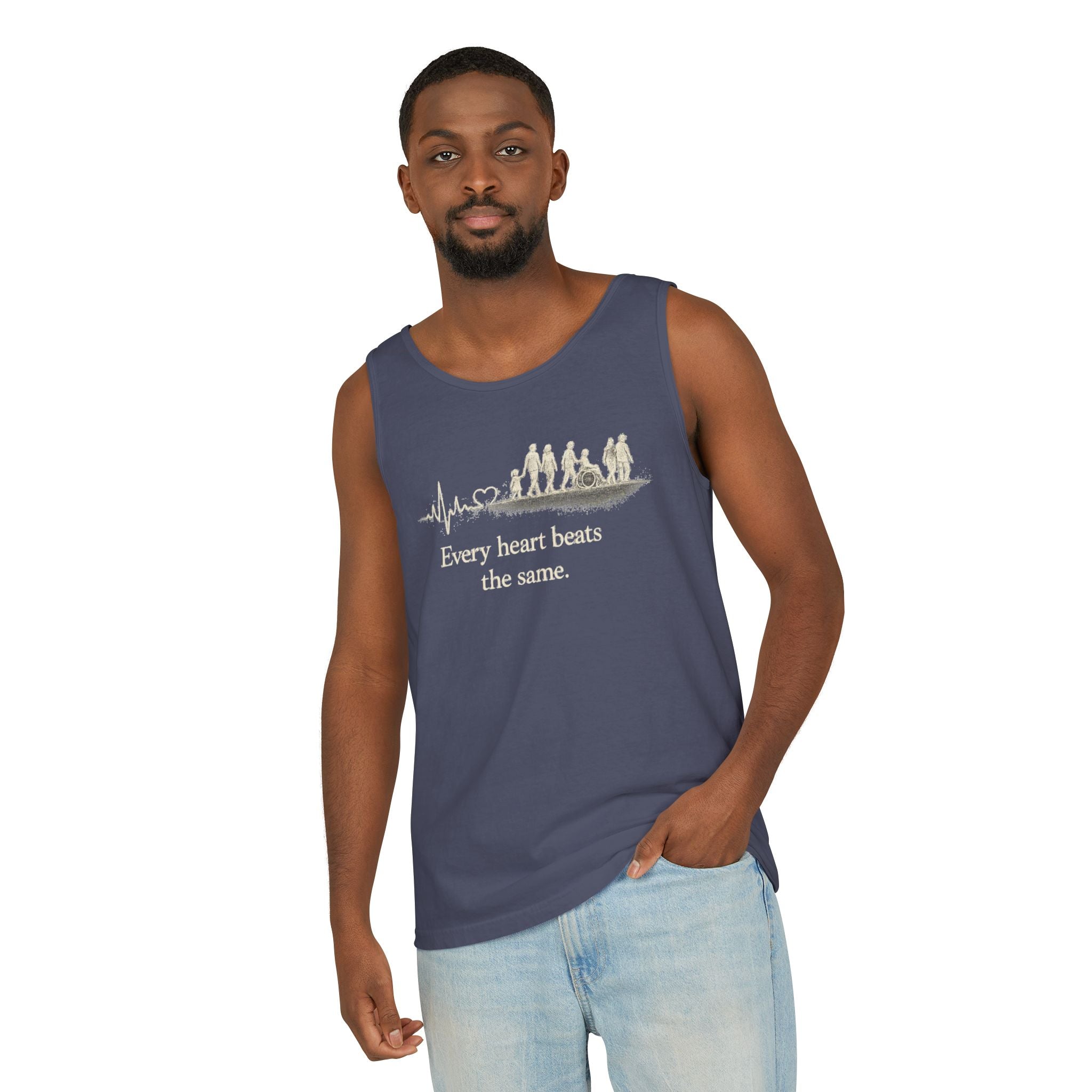 “Every Heart Beats the Same” Vintage Surf Tank Top – Garment-Dyed Coastal Unity Tank