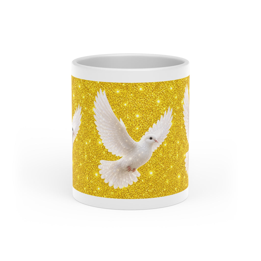 White ceramic heart-shaped handle mug featuring elegant white doves flying across a sparkling gold glitter-inspired background with vibrant wraparound artwork.