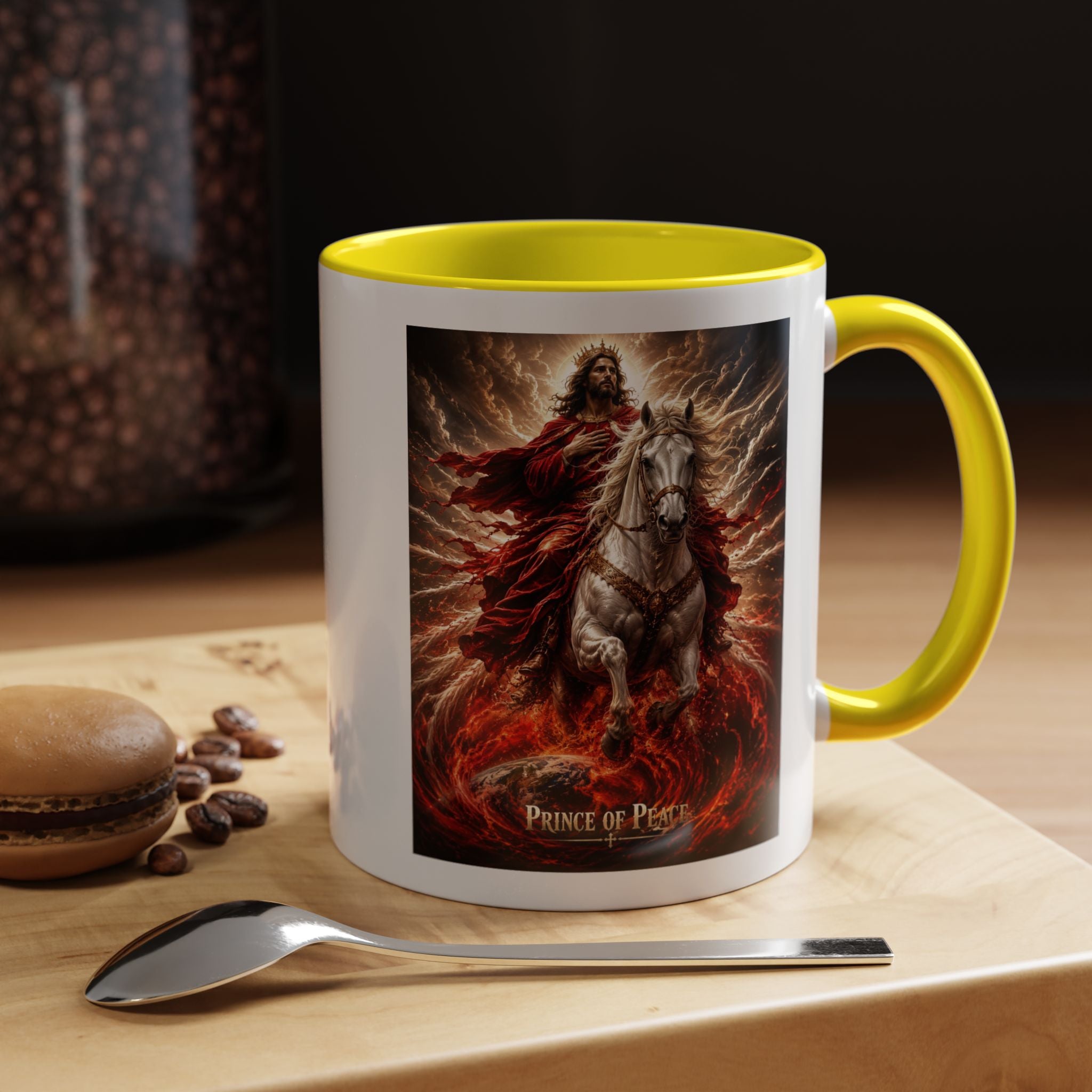 Inspirational Christian coffee mug featuring Jesus riding a white horse surrounded by radiant heavenly light with Prince of Peace artwork and colorful accent handle and interior.