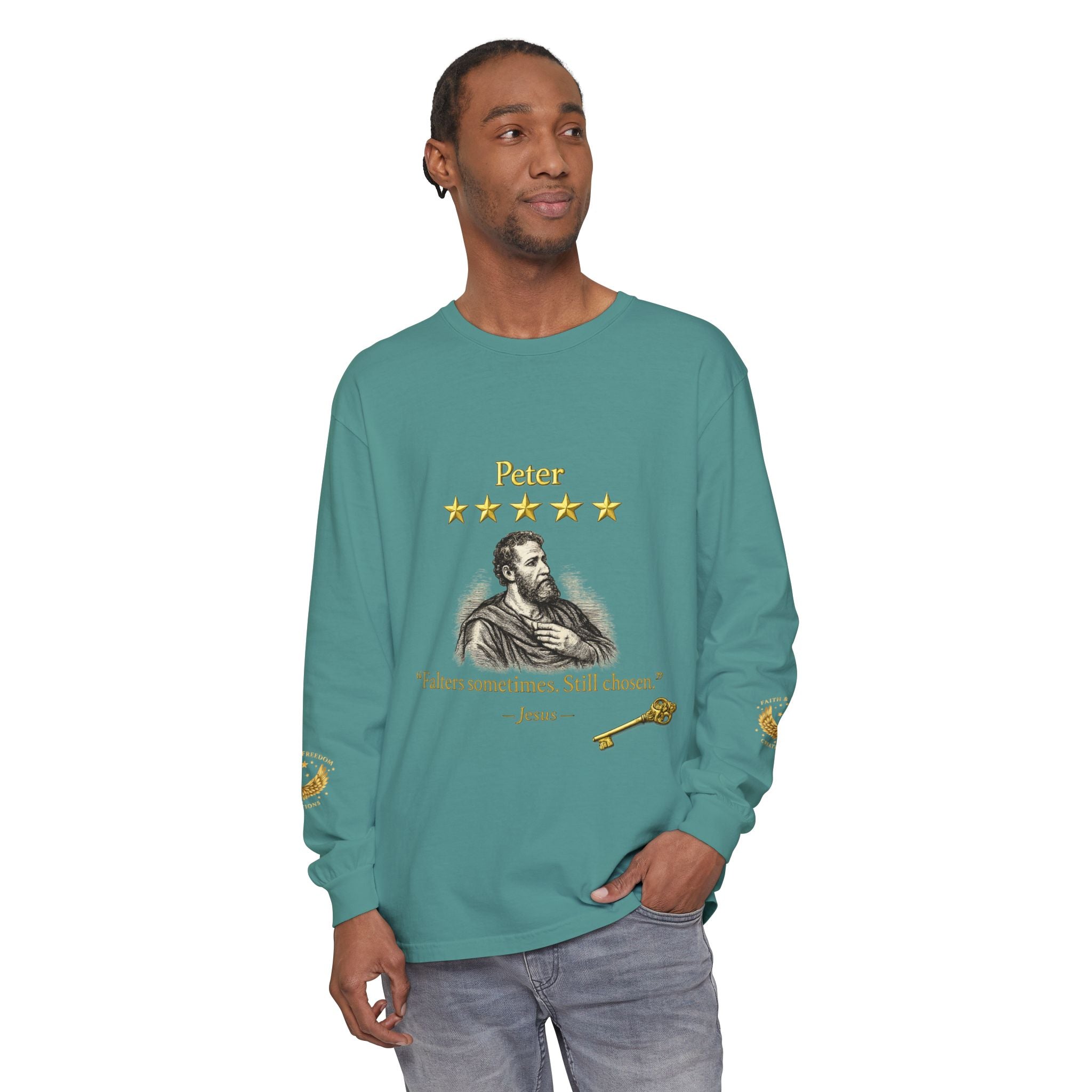 Peter Scripture Long Sleeve T-Shirt — "Falters sometimes. Still chosen." Review by Jesus