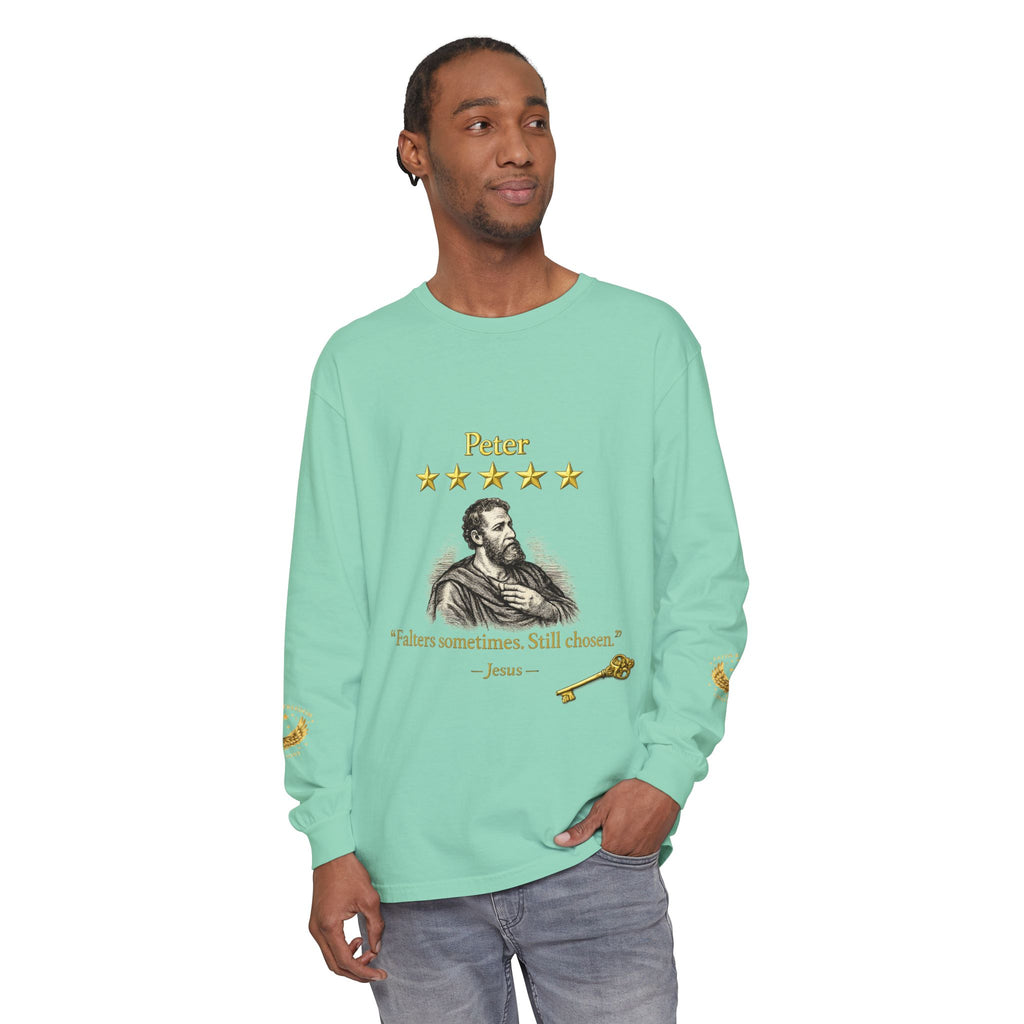 Peter Scripture Long Sleeve T-Shirt — "Falters sometimes. Still chosen." Review by Jesus