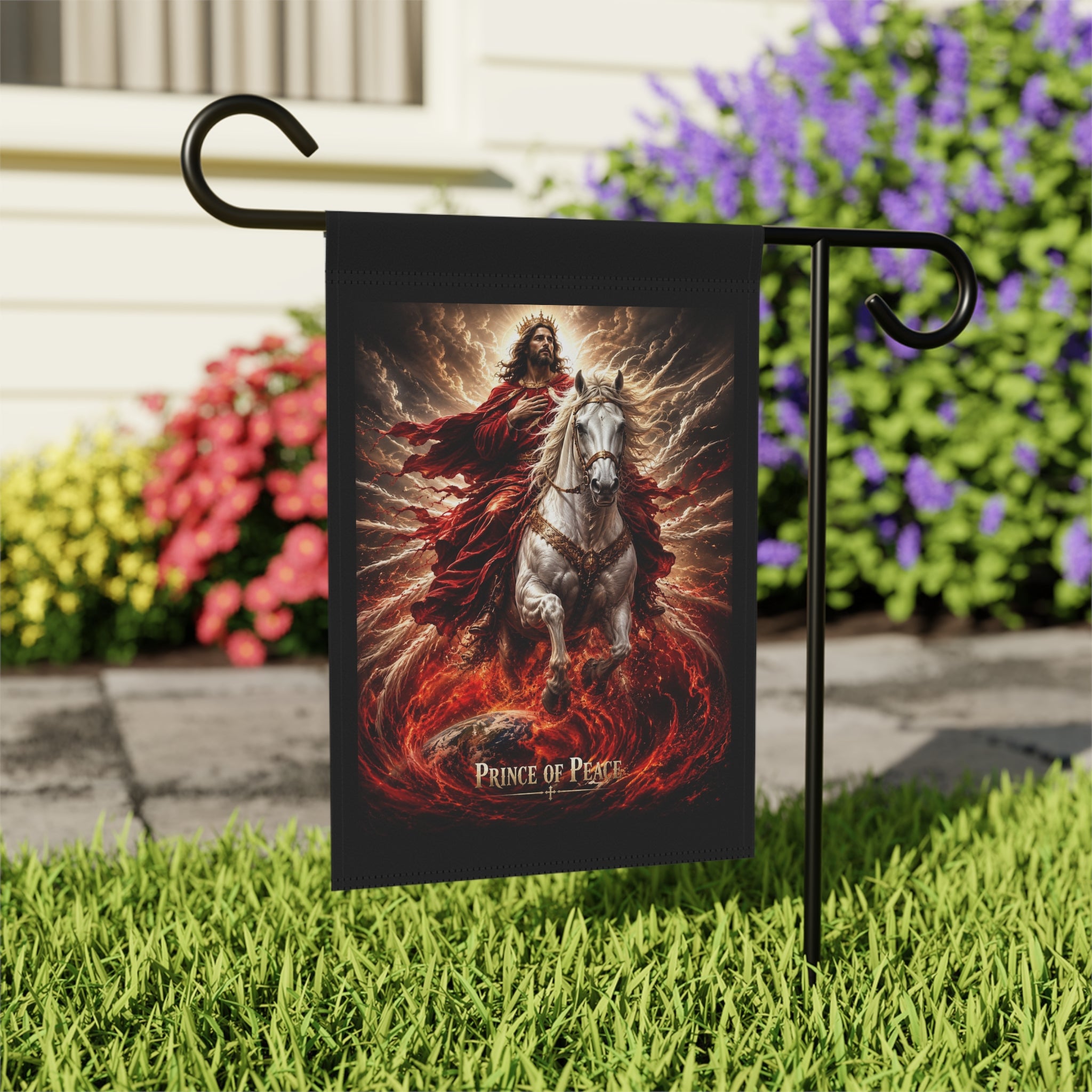 Christian garden banner featuring Jesus beside a noble horse with the words “Prince of Peace” in warm country-inspired outdoor artwork.