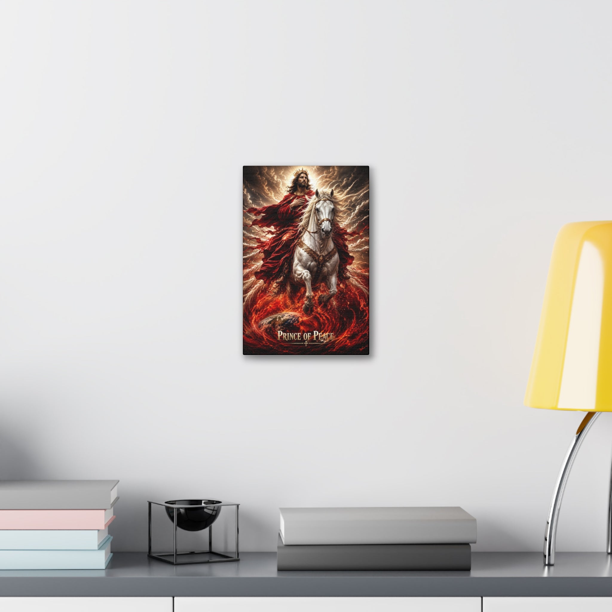 Christian canvas wall art featuring Jesus riding a white horse with peaceful radiant lighting and inspirational Prince of Peace imagery in gallery-style decor.
