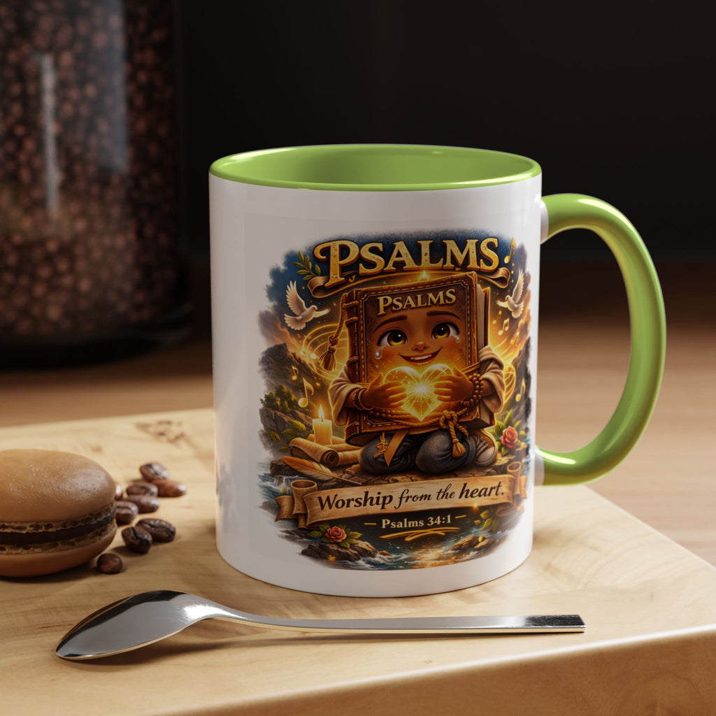 Inspirational Christian ceramic accent coffee mug featuring Psalm 34:1 and the message “Worship From the Heart” with colorful handle and interior accents on a glossy white mug.