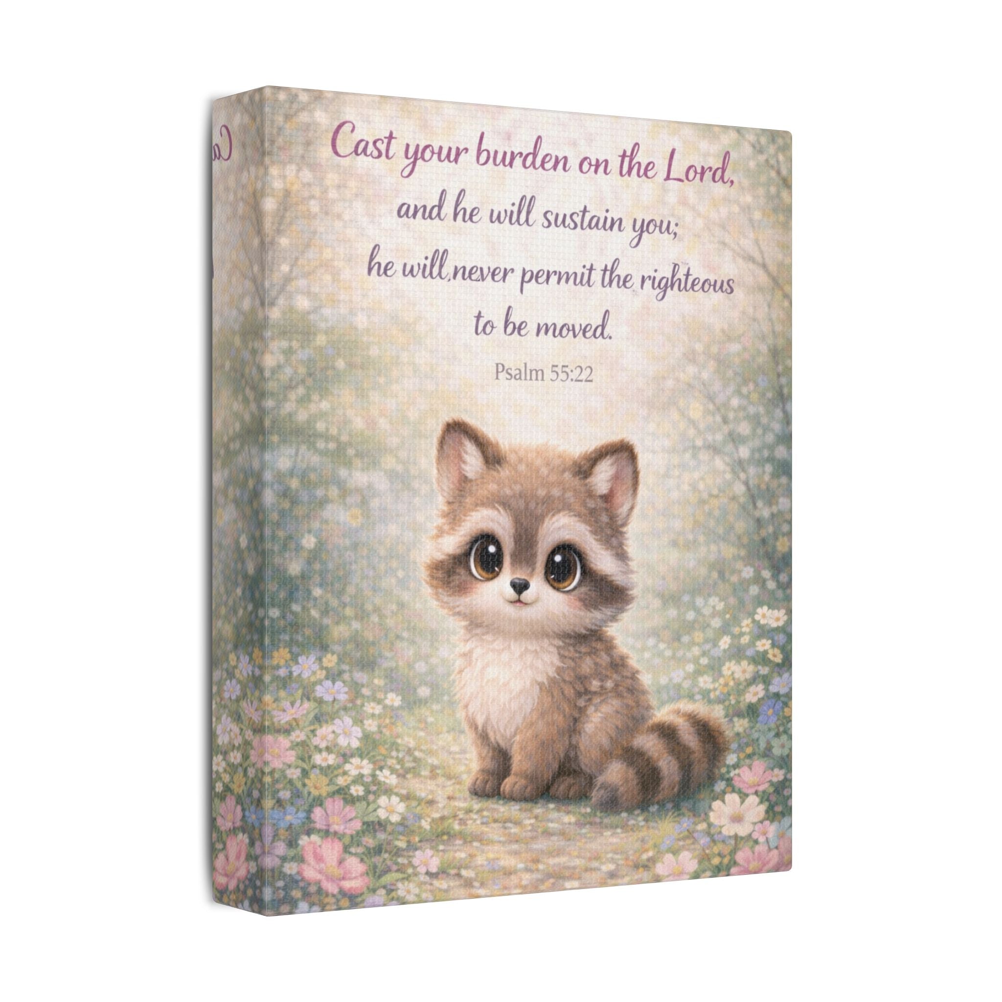 Scripture Woodland Animals – Raccoon – Psalm 55:22 Canvas Print