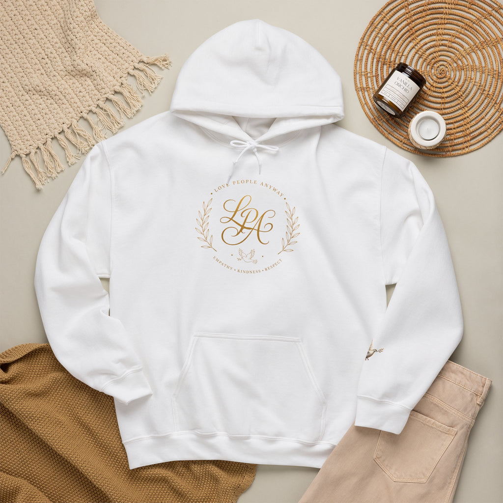 Inspirational Christian hoodie featuring elegant “Love People Anyway” script typography on a soft, cozy hooded sweatshirt designed to encourage kindness and compassion.