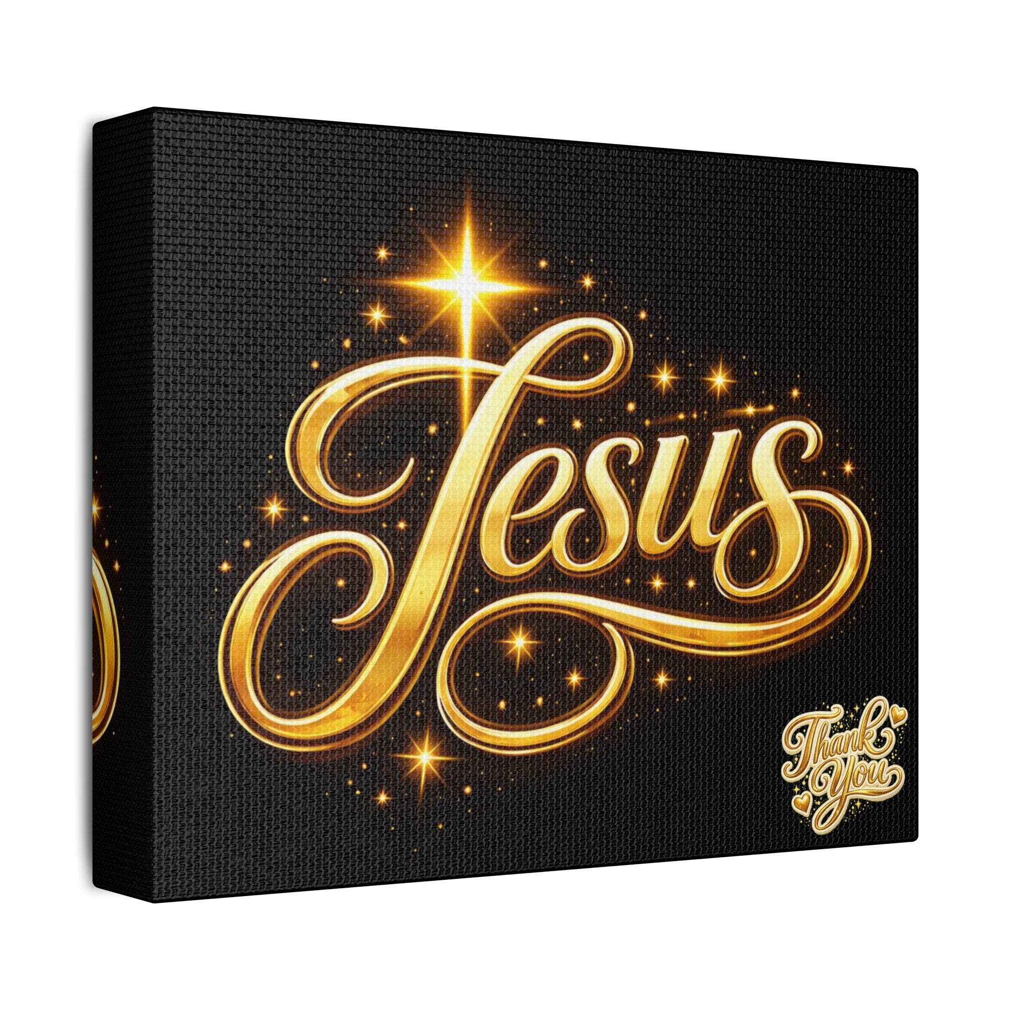 Jesus Gold Script Canvas Wall Art – Christian Faith Satin Stretched Canvas | Inspirational Home Decor