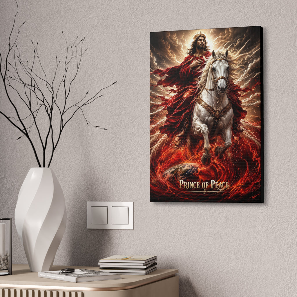 Christian canvas wall art featuring Jesus riding a white horse with peaceful radiant lighting and inspirational Prince of Peace imagery in gallery-style decor.