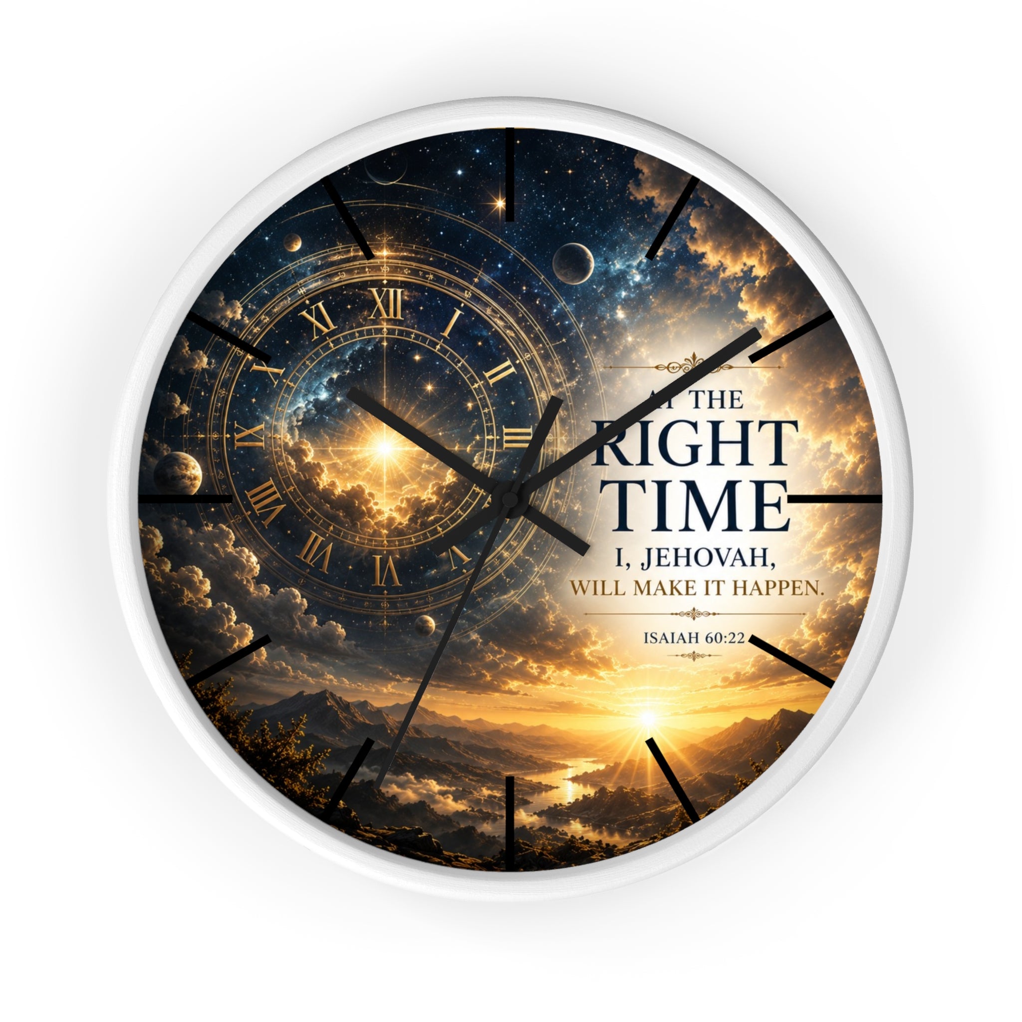 Bring peaceful encouragement into your home with this Isaiah 60:22 wall clock featuring celestial artwork, a golden sunrise, silent movement, and the comforting promise: “The Right Time, I Jehovah Will Make It Happen.”
