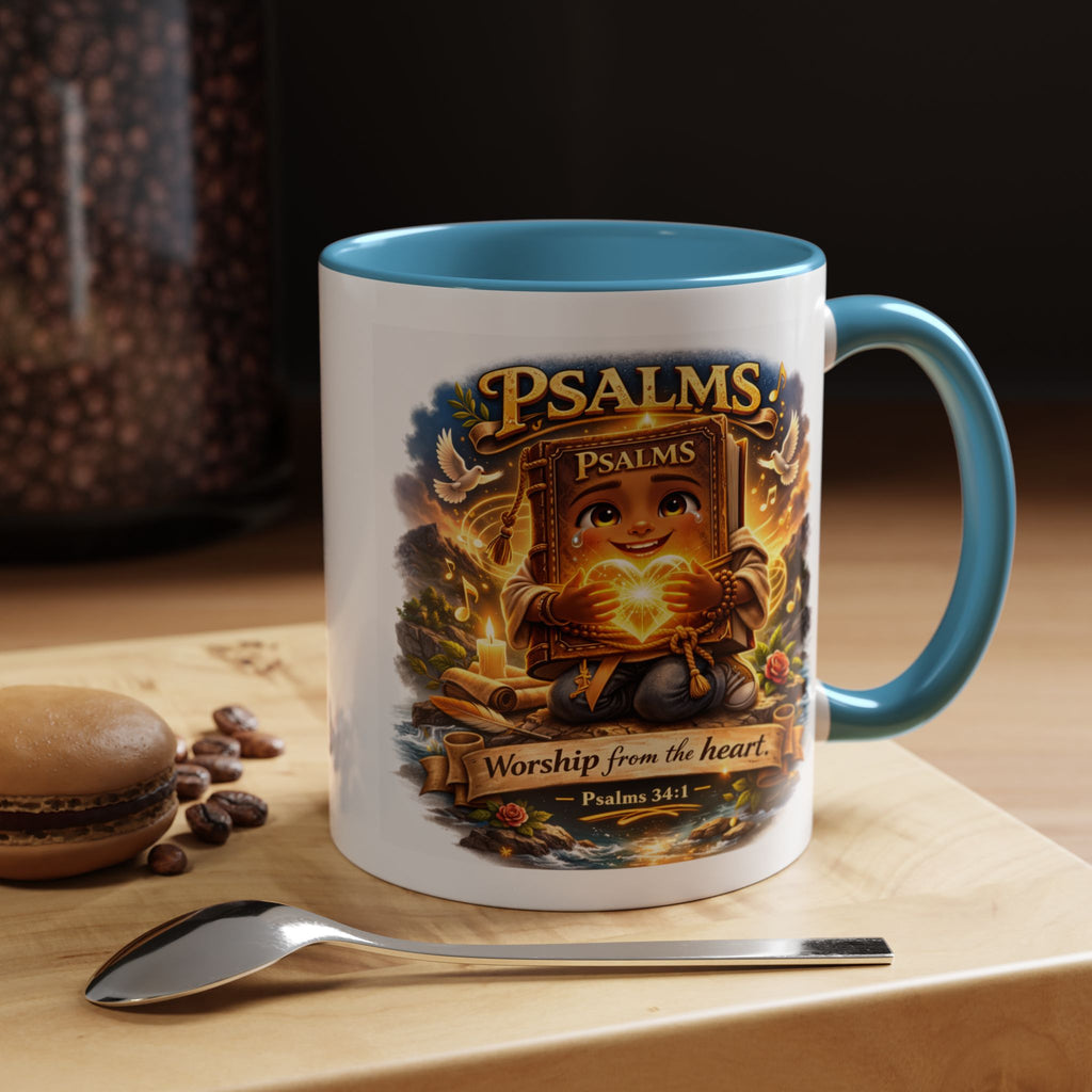 Inspirational Christian ceramic accent coffee mug featuring Psalm 34:1 and the message “Worship From the Heart” with colorful handle and interior accents on a glossy white mug.