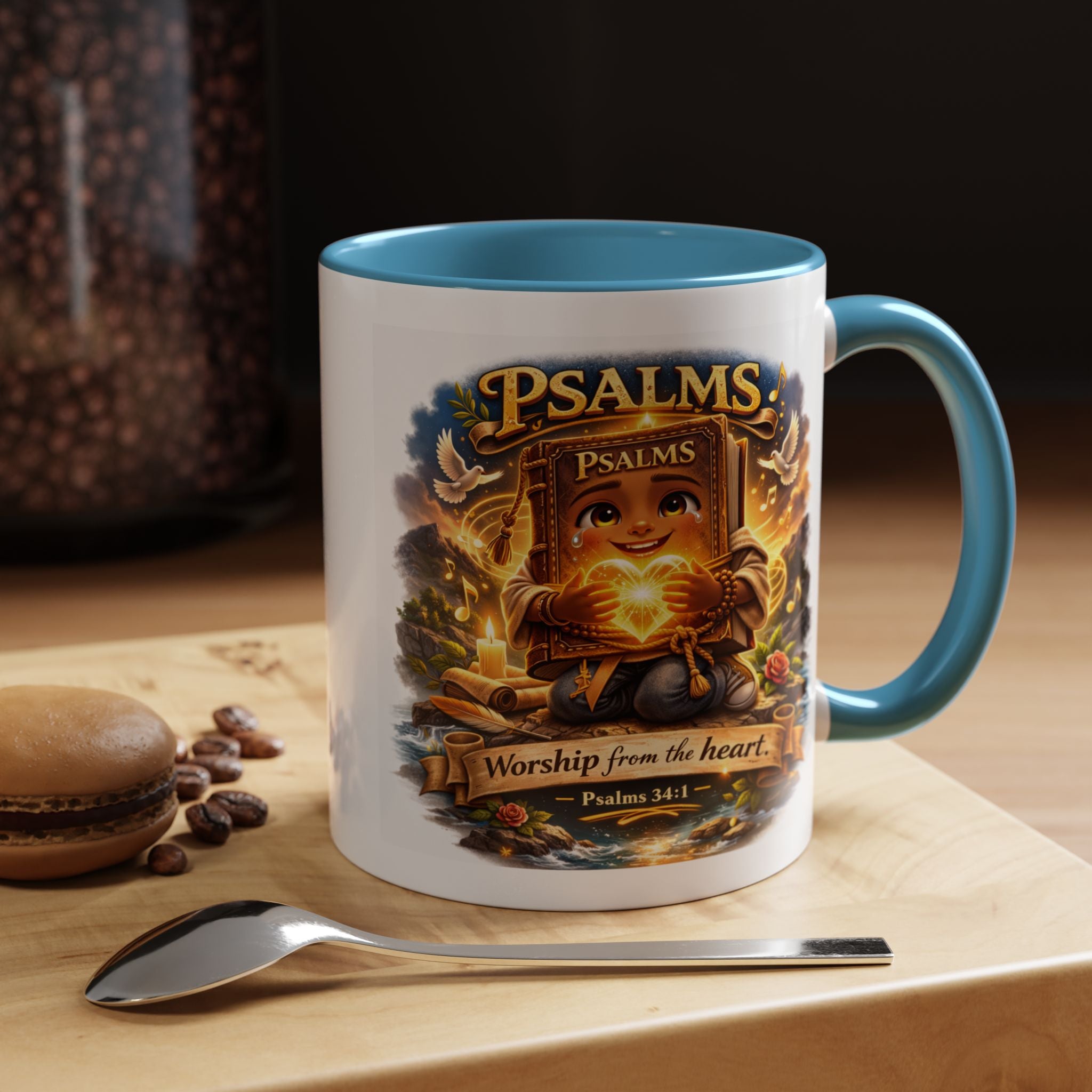 Inspirational Christian ceramic accent coffee mug featuring Psalm 34:1 and the message “Worship From the Heart” with colorful handle and interior accents on a glossy white mug.
