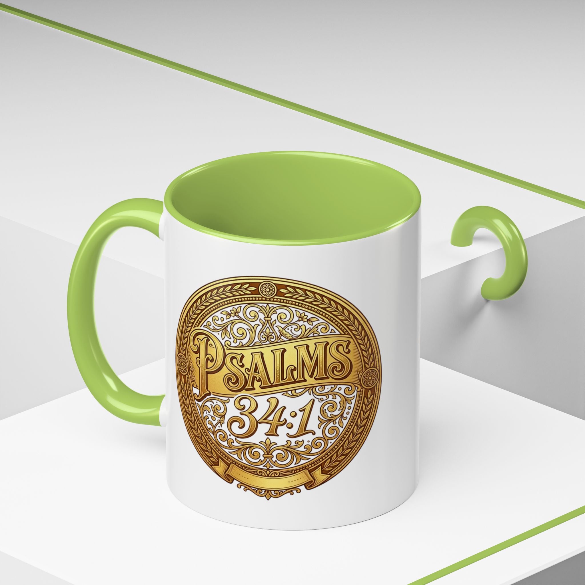 Inspirational Christian ceramic accent coffee mug featuring Psalm 34:1 in an ornate gold medallion design with colorful handle and interior accents.