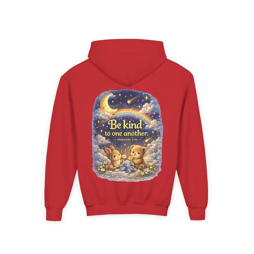 Youth “Be Kind to One Another” Hoodie – Cute Bunny Night Sky Scripture Sweatshirt