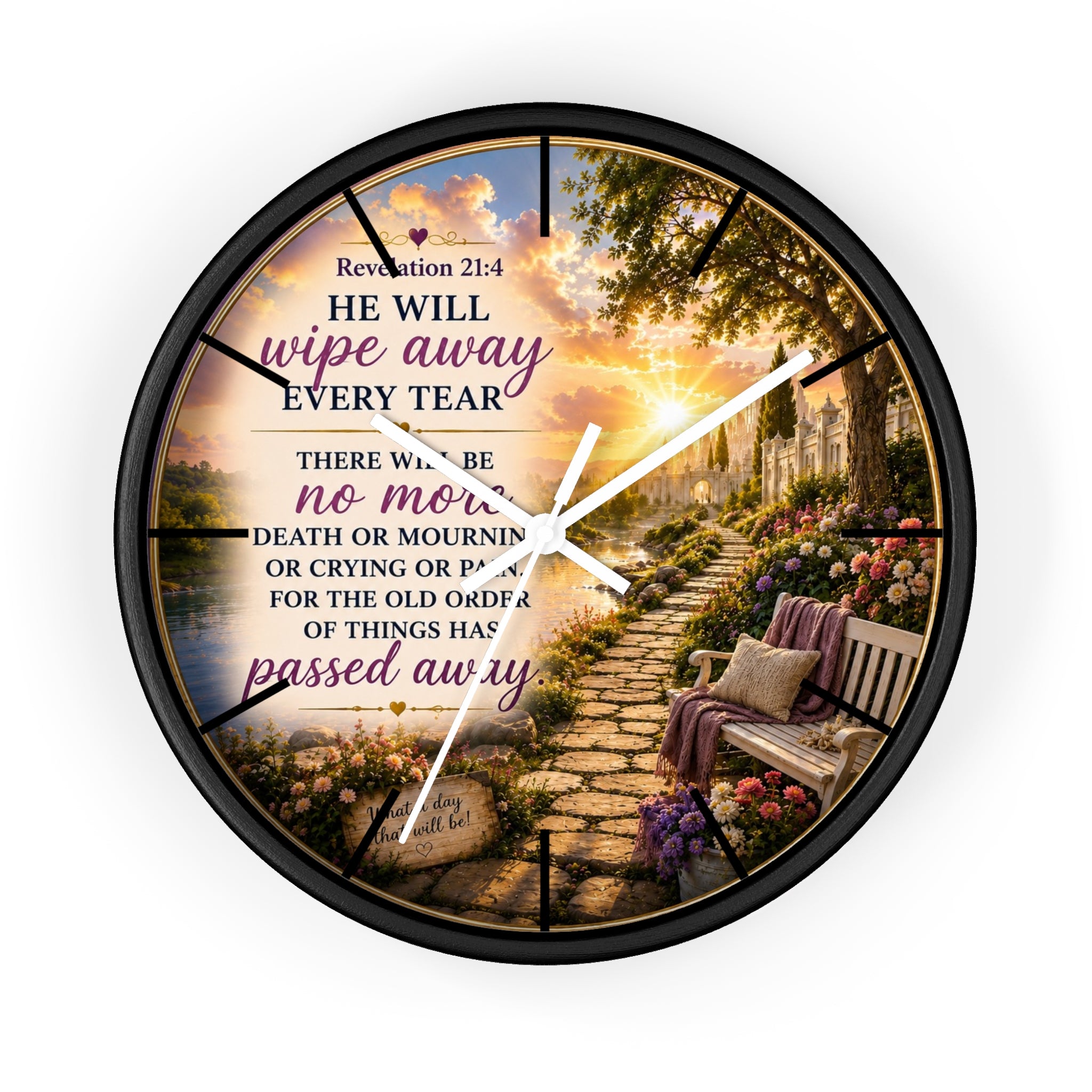 Inspirational Christian wall clock featuring a peaceful lakeside garden path, floral scenery, and Revelation 21:4 scripture in warm comforting tones.