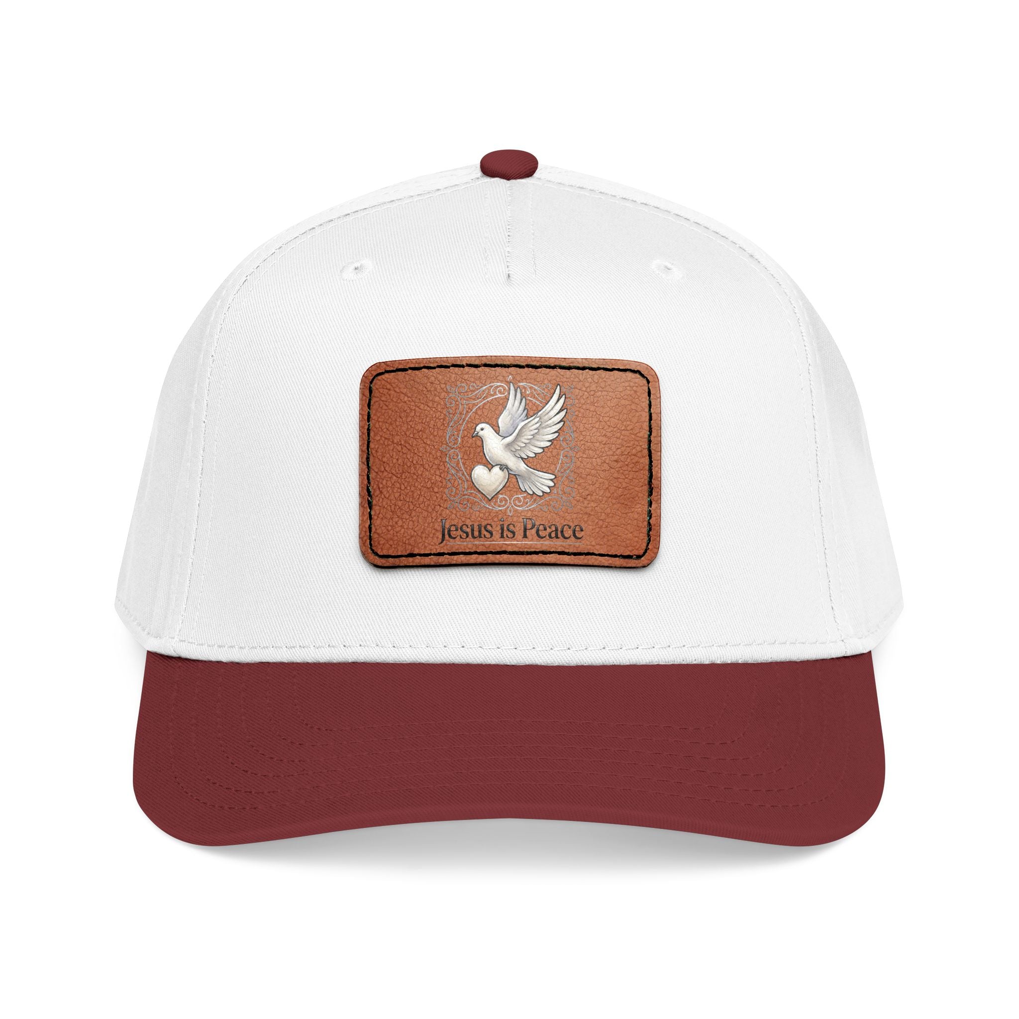 White and Maroon Christian baseball cap featuring a brown leather patch with a white dove carrying a heart and the words "Jesus Is Peace."