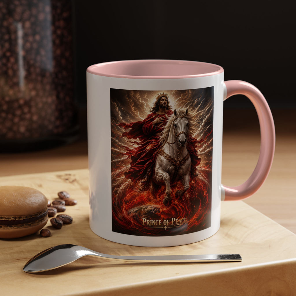 Inspirational Christian coffee mug featuring Jesus riding a white horse surrounded by radiant heavenly light with Prince of Peace artwork and colorful accent handle and interior.