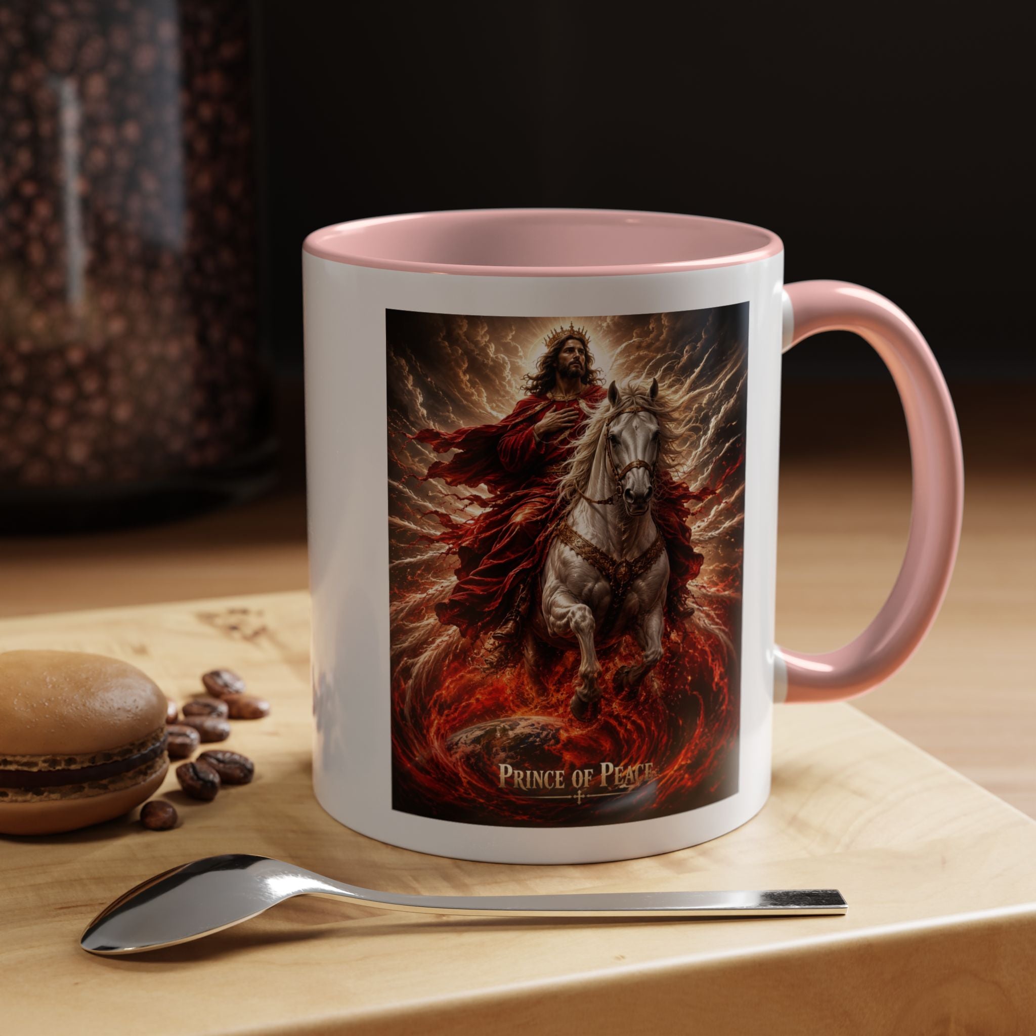 Inspirational Christian coffee mug featuring Jesus riding a white horse surrounded by radiant heavenly light with Prince of Peace artwork and colorful accent handle and interior.