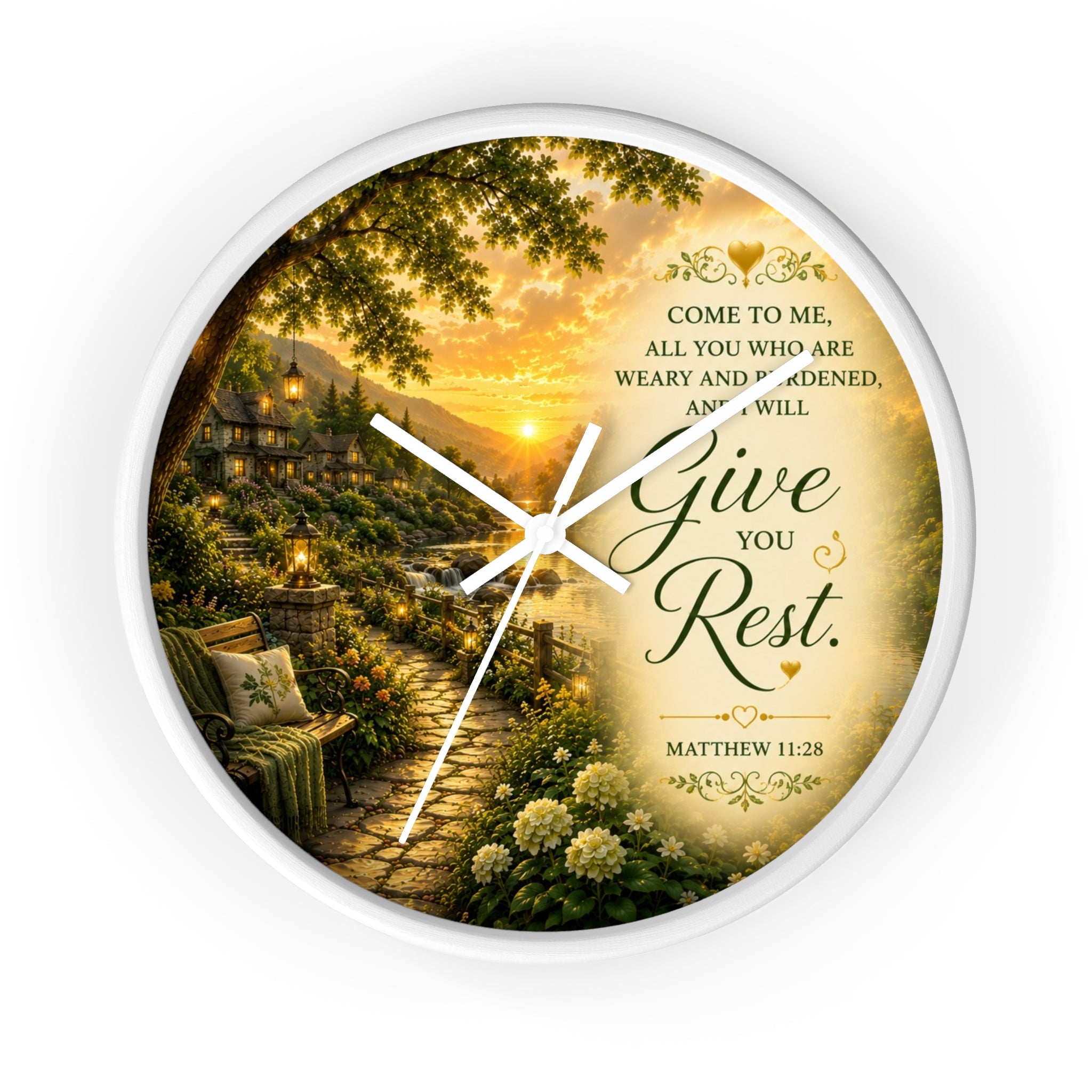Inspirational Christian wall clock featuring a peaceful cottage garden path at sunset with Matthew 11:28 scripture inviting rest and peace.