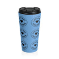 Blue insulated stainless steel travel mug featuring repeating "Love Thy Neighbor" heart emblems with a leak-resistant flip-top lid and 15 oz vacuum-insulated design.