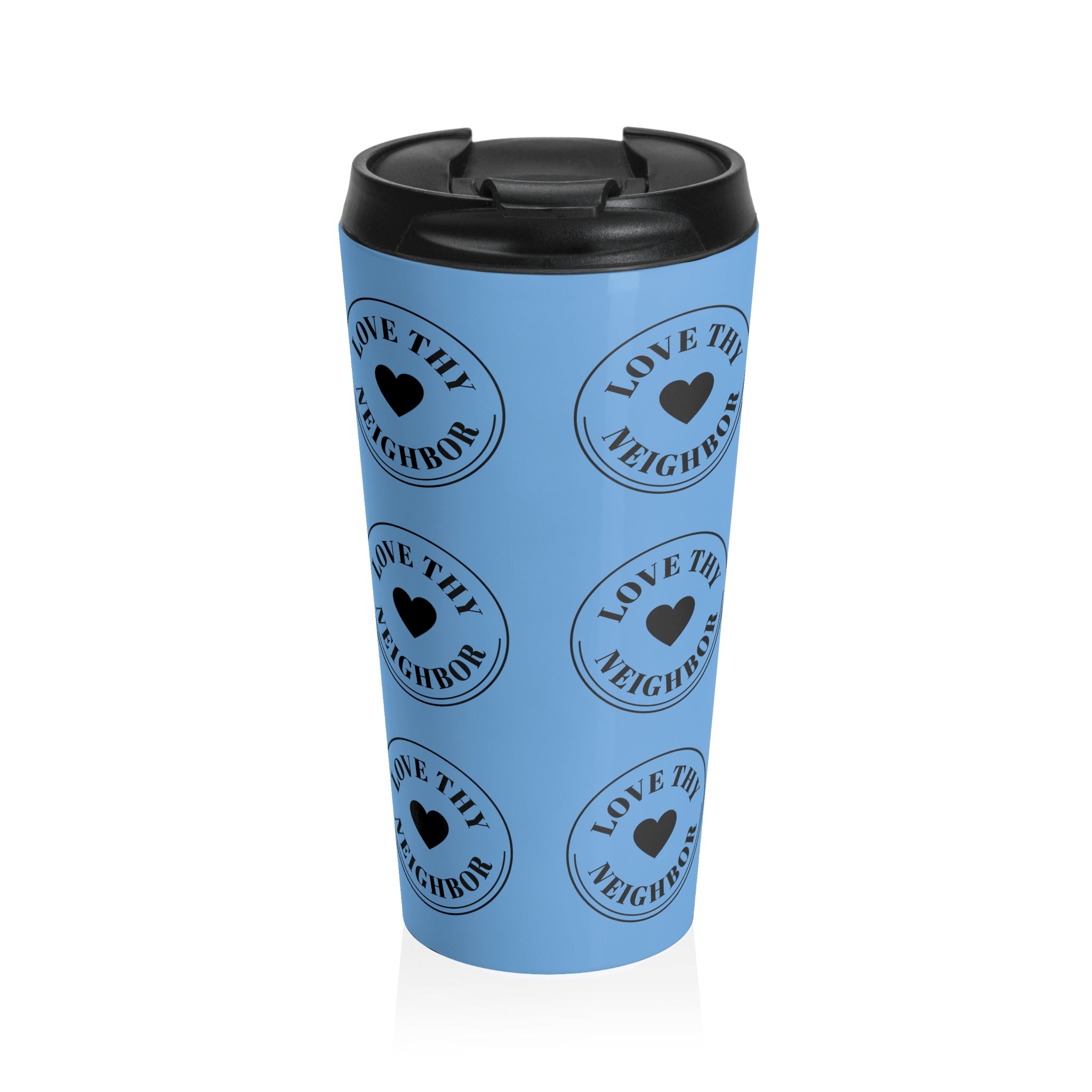 Blue insulated stainless steel travel mug featuring repeating "Love Thy Neighbor" heart emblems with a leak-resistant flip-top lid and 15 oz vacuum-insulated design.