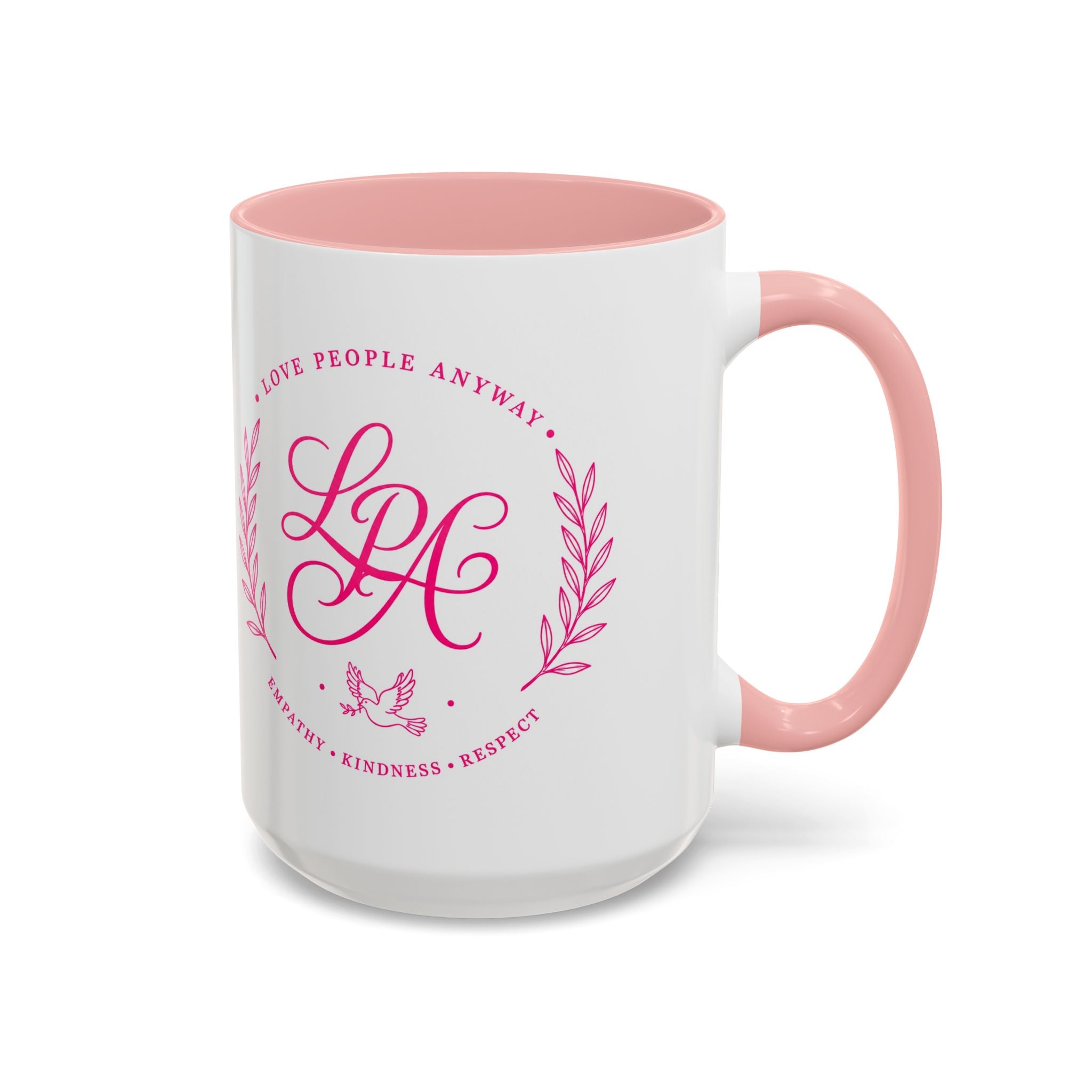Love People Anyway Coffee Mug | Inspirational Pink Monogram Mug | Faith Freedom Creations