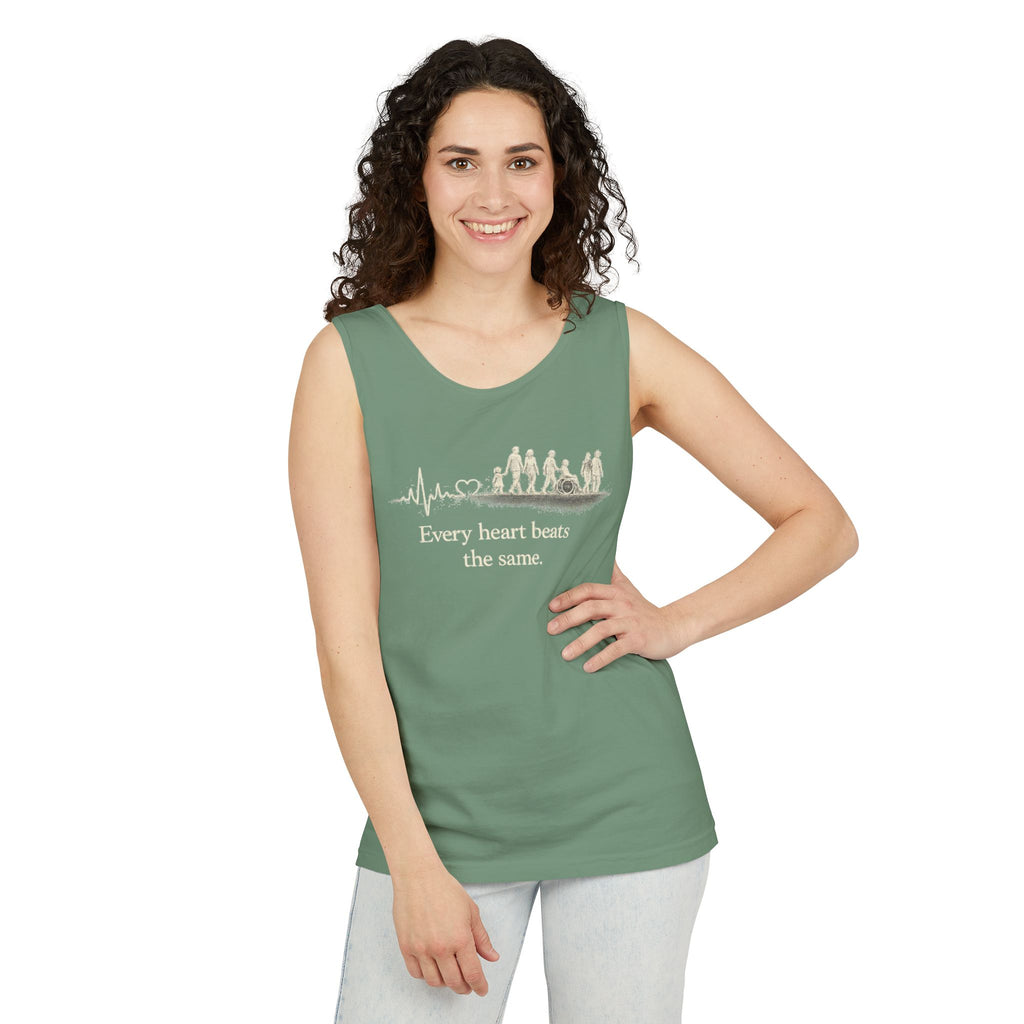 “Every Heart Beats the Same” Vintage Surf Tank Top – Garment-Dyed Coastal Unity Tank